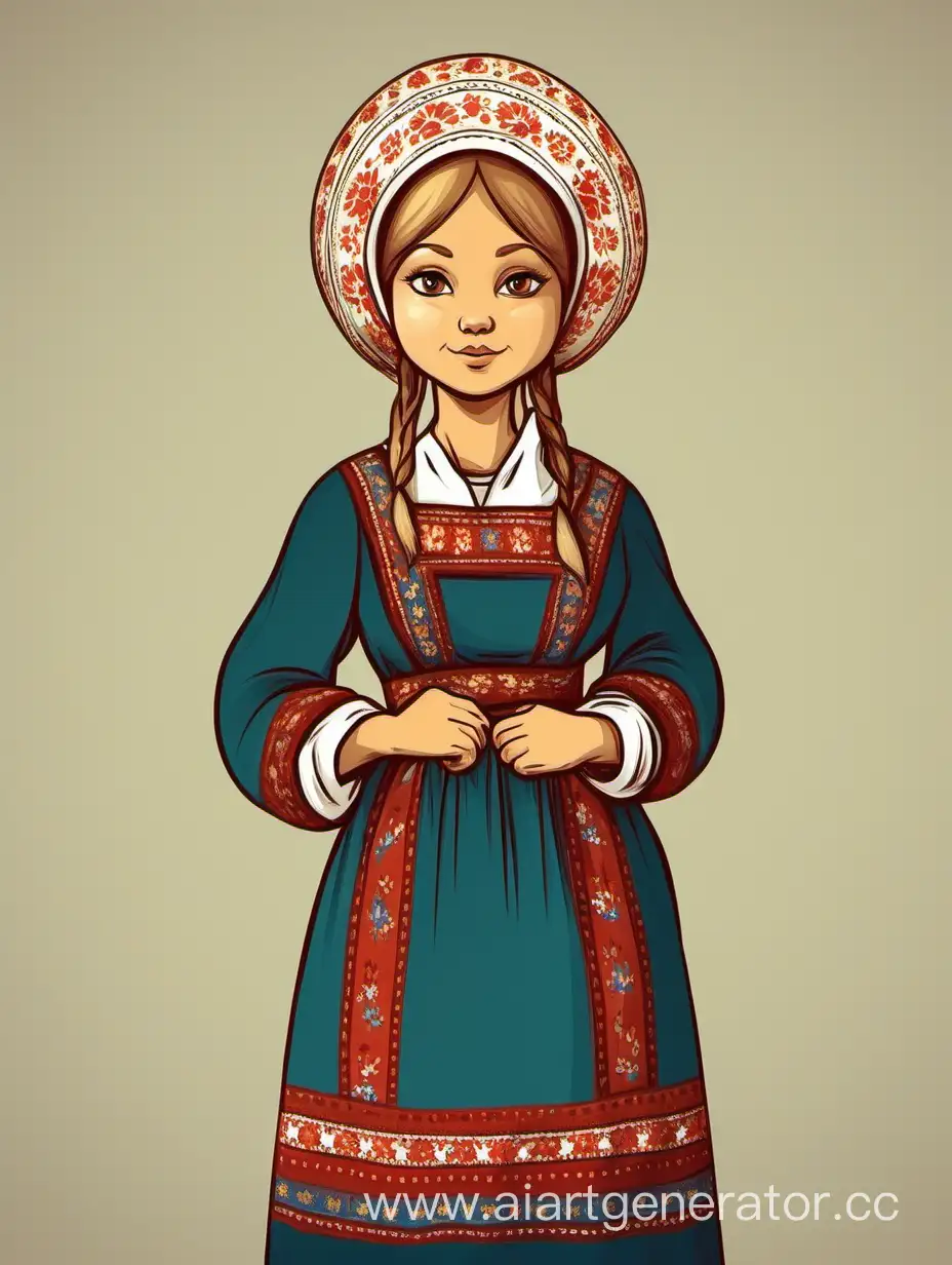 Colorful-Depiction-of-a-Russian-Peasant-Woman-in-Traditional-Attire-with-a-Kokoshnik