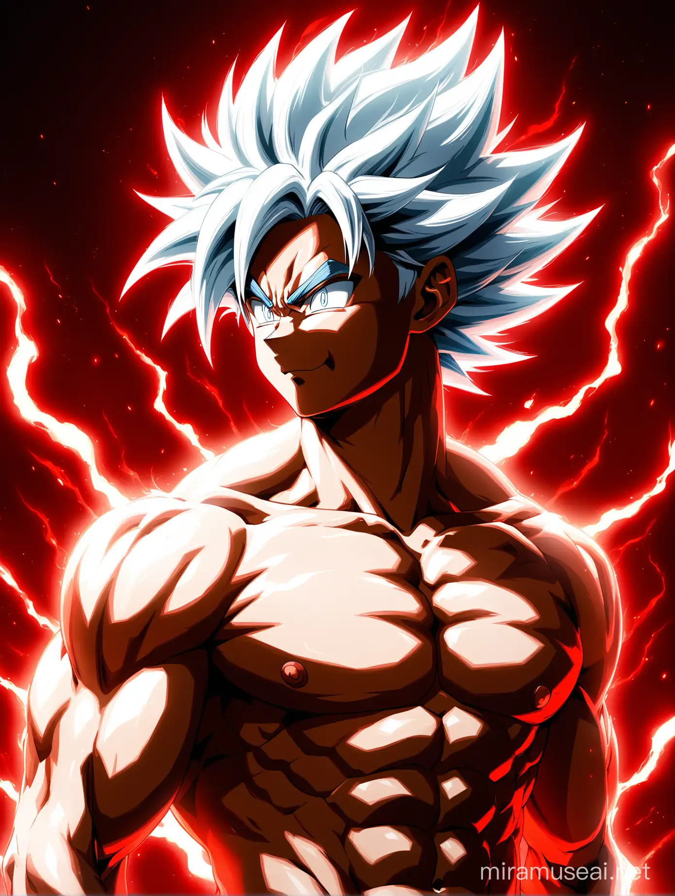 Shirtless Goku With a new white-red transformation with strong ultra white-red lighting aura, he's lean and vascular, he has white hair only no other colors, side view