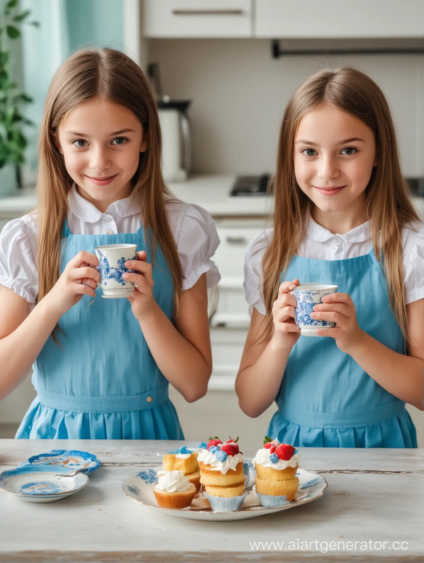 Girls-Enjoying-Tea-and-Cake-in-Blue-Cups-at-Kitchen-Table