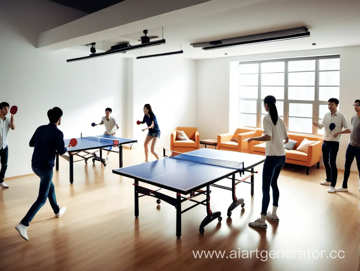 в просторном, светлом и уютном офисе проходит игра в настольный тенис среди людей