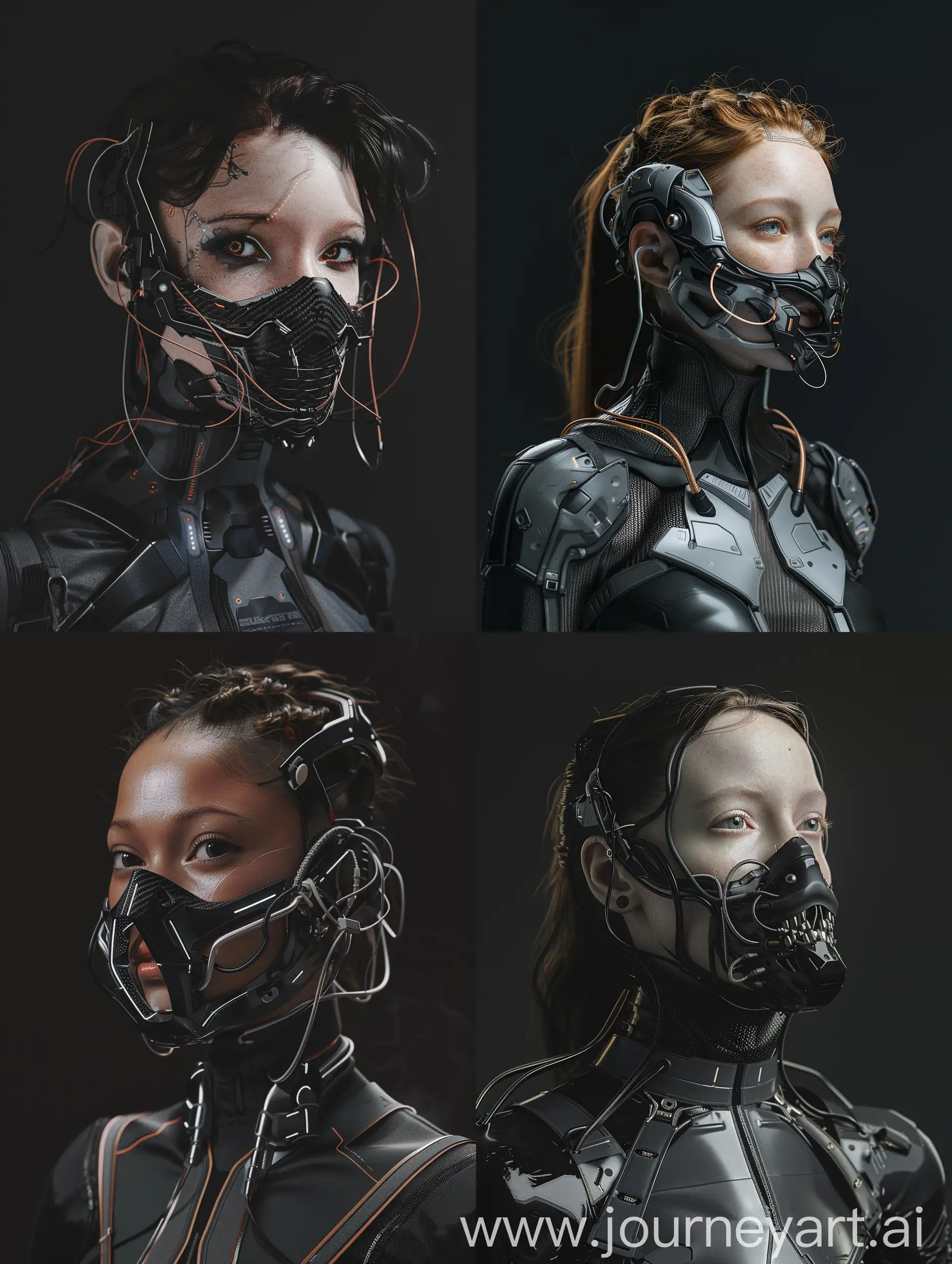 Against a sleek black backdrop, witness the captivating presence of a Beautiful characther adorned with a cybernetic mouth-covering mask. It seamlessly merges cutting-edge technology with intricate details, showcasing carbon fiber textures, sleek aluminum accents, and pulsating wires. Symbolizing the delicate equilibrium between humanity and machine, her appearance embodies the essence of a futuristic cyberpunk aesthetic, further accentuated by Oakley -inspired add-ons. With dynamic movements reminiscent of action-packed film sequences, accompanied by cinematic haze and an electric energy, she exudes an irresistible allure that commands attention. BRIGHTNESS AND CONTRAST, levels, shadow,

