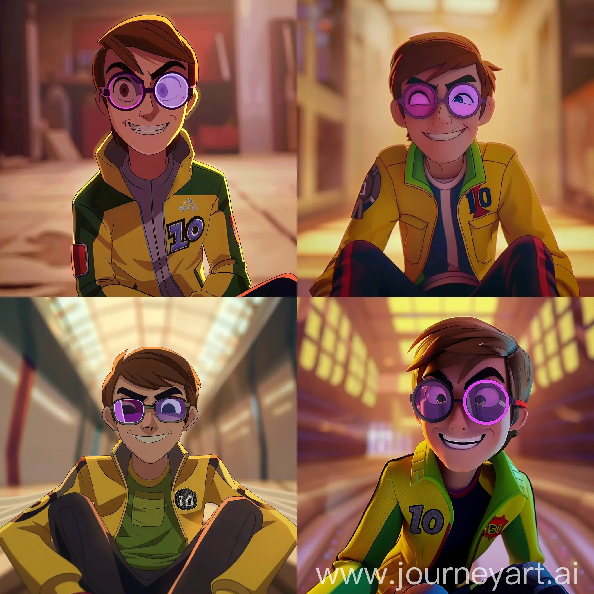 a cartoon network animated character wearing glasses with one lense of color purple and other lense of color grey, straight angle shot with him smiling and "ben 10" is embroidered on his yellow jacket, he's sitting on the empty hollow space with blur aesthetic background --style raw --cref https://cdn.discordapp.com/attachments/1215979386310889605/1216982884083040266/Picsart_24-03-08_22-57-05-471.jpg?ex=66025ea2&is=65efe9a2&hm=a3c3cd11df6f7a445bf1bb038220edc722e23bafed0277ddb6c2189fdd7132ea& --cw 10