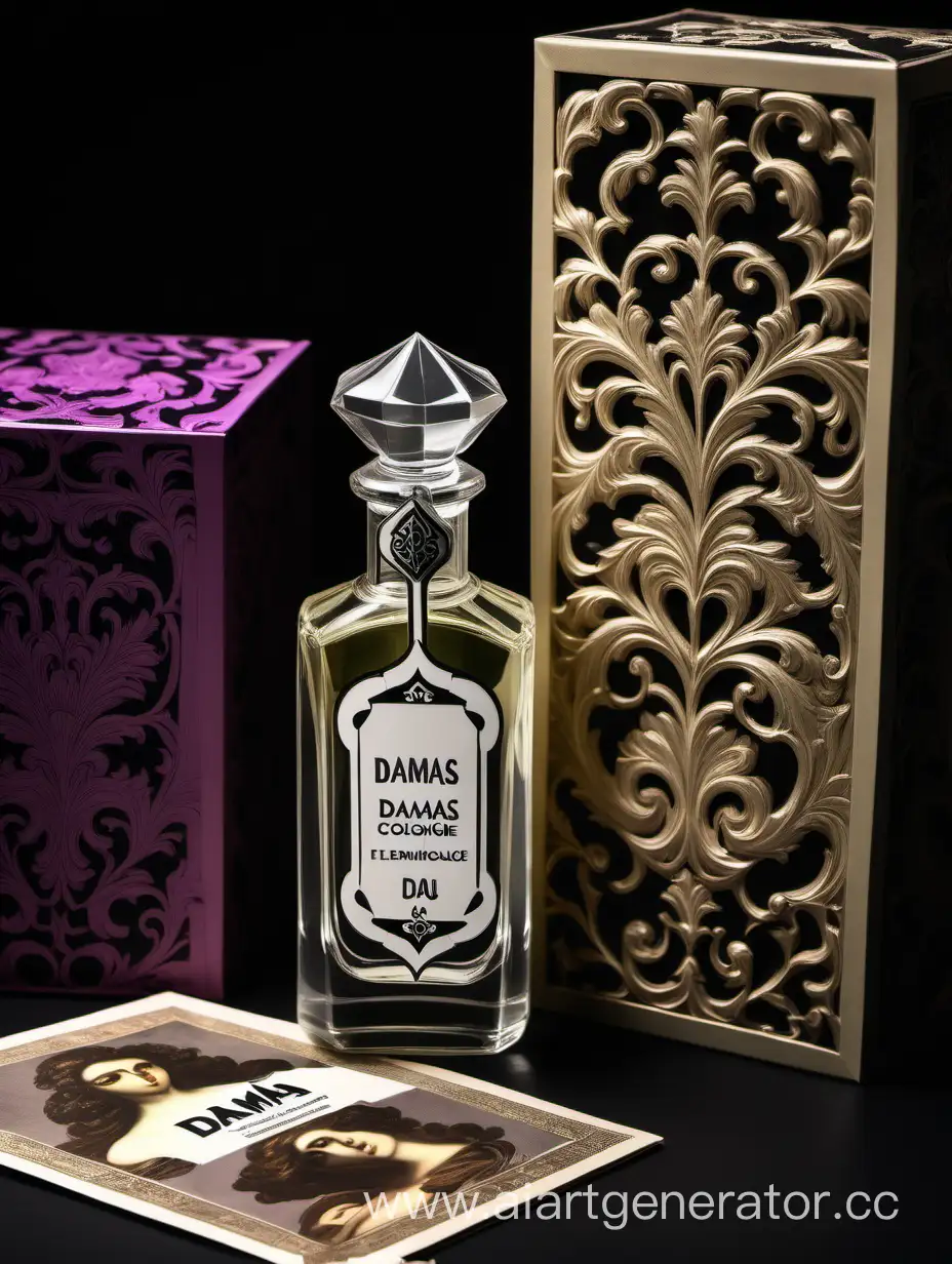 a bottle of damas cologne sitting next to a box, a flemish Baroque by Demetrios Farmakopoulos, instagram contest winner, dau-al-set, dynamic composition, contest winner, feminine