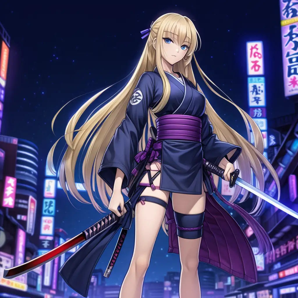 full body shot,long blonde hair, sexy anime style, with katana, dark blues and purple Japan night background neon