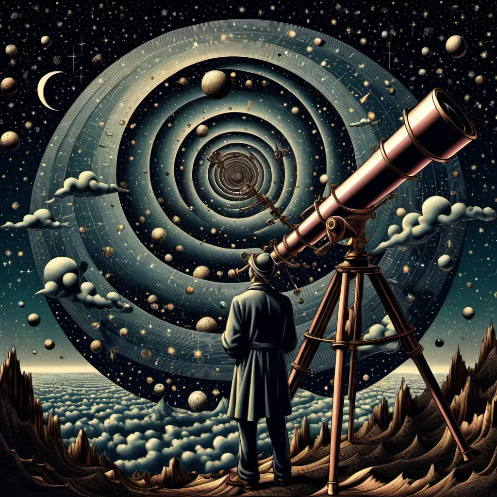 an ancient astronomer stands next to a telescope in the night sky of the constellation celestial 5d contour, surrealism of Mauritz Cornelis Escher, beautifully colored, crazy details, intricate details, beautifully colored, cinematic, color correction, high-class editor Cornelis Escher, full of numbers, mathematical symbols, well-groomed, dark, in various black and white tones, as well as basic flowers, surreal landscape and elegant conceptual environment, surrealism - these are beautifully colored, crazy details, intricate details, beautifully colored, cinematic, color correction, high-end editor