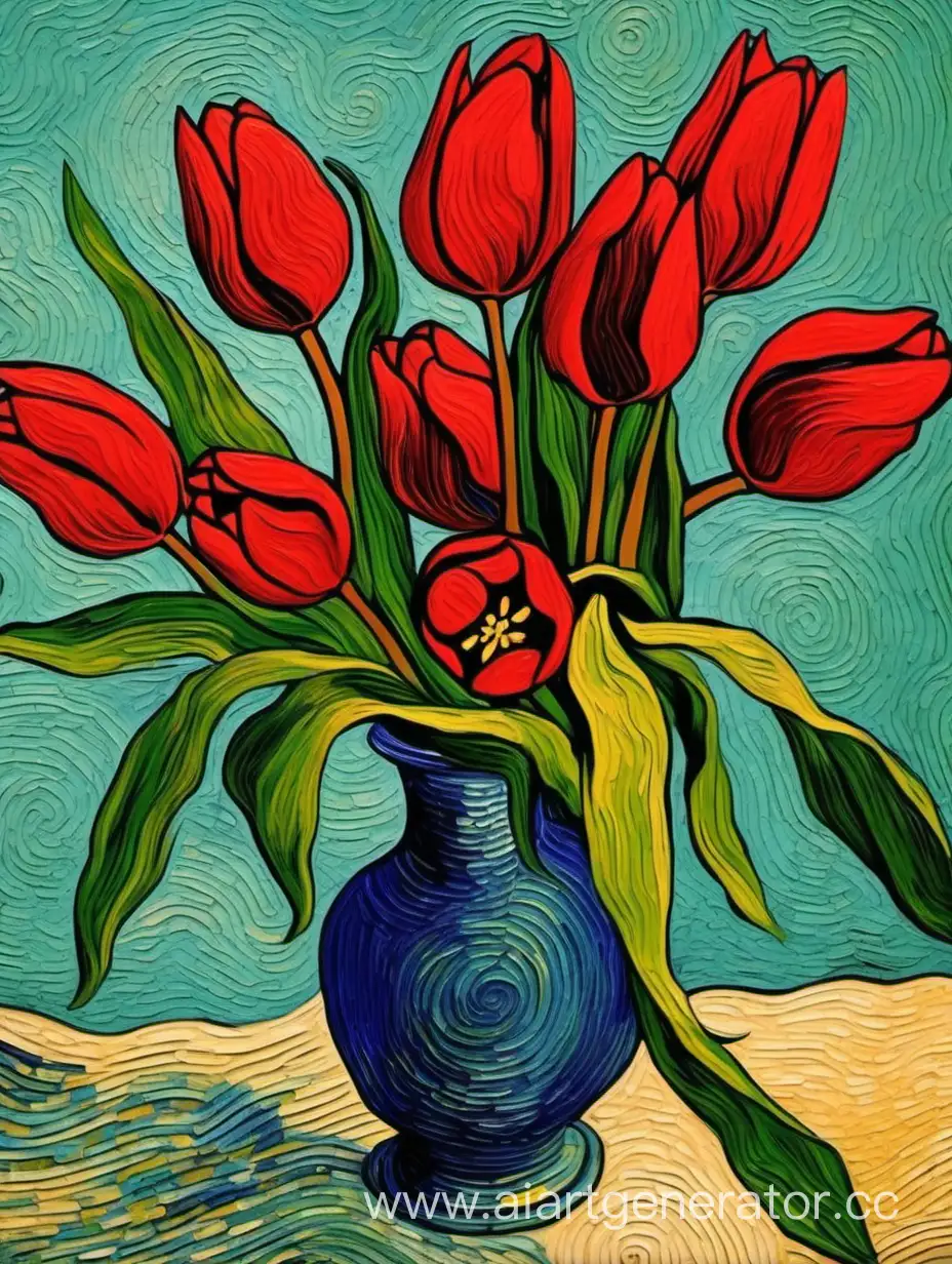 Красные тюльпаны в стиле Ван Гога 