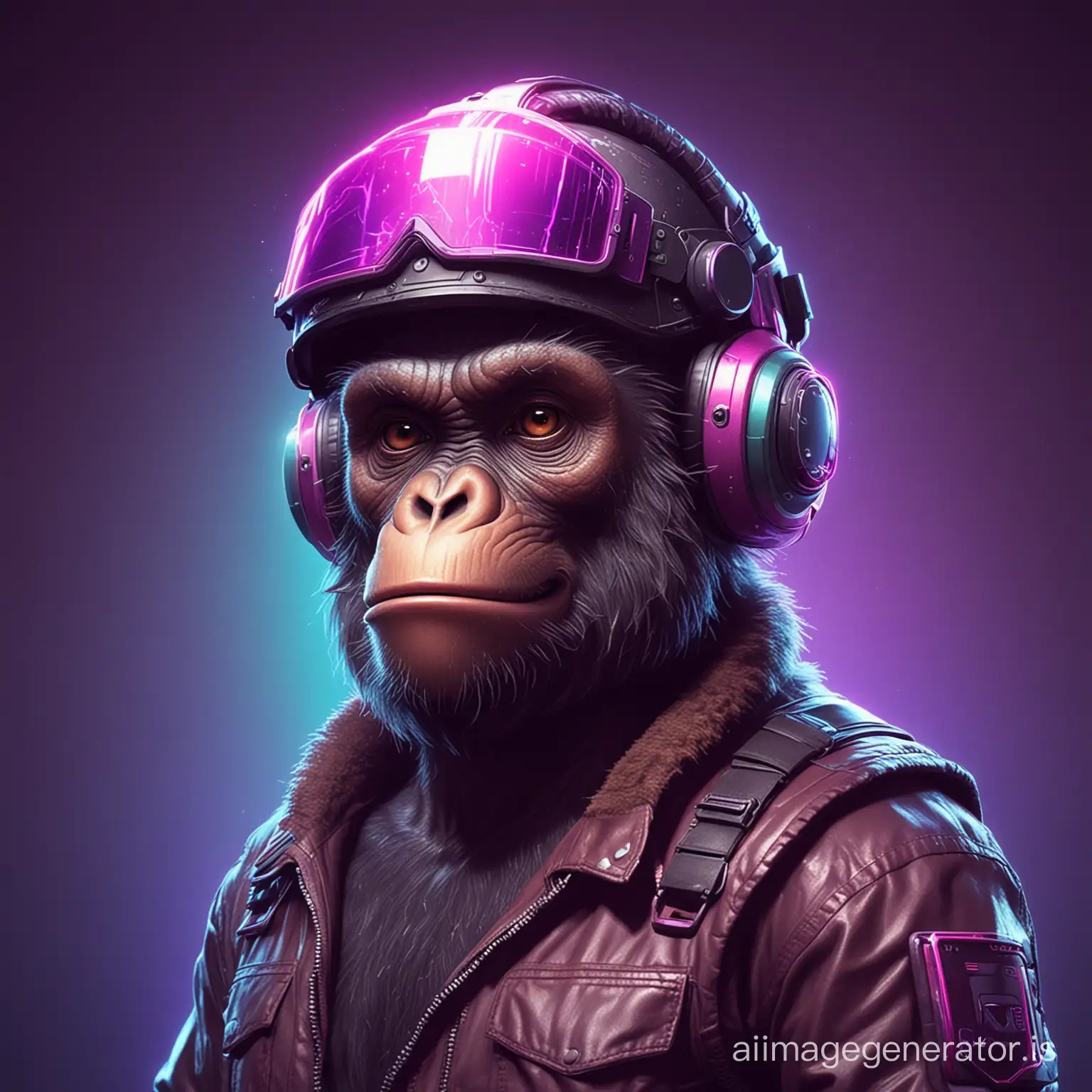 Software developer ape wearing a helmet, with synthwave vibes