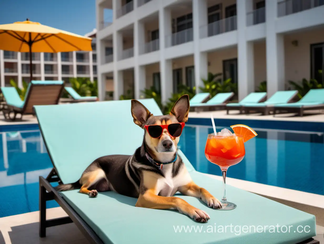 Собака отдыхает с коктейлем на шезлонге у бассейна, на заднем фоне здание отеля