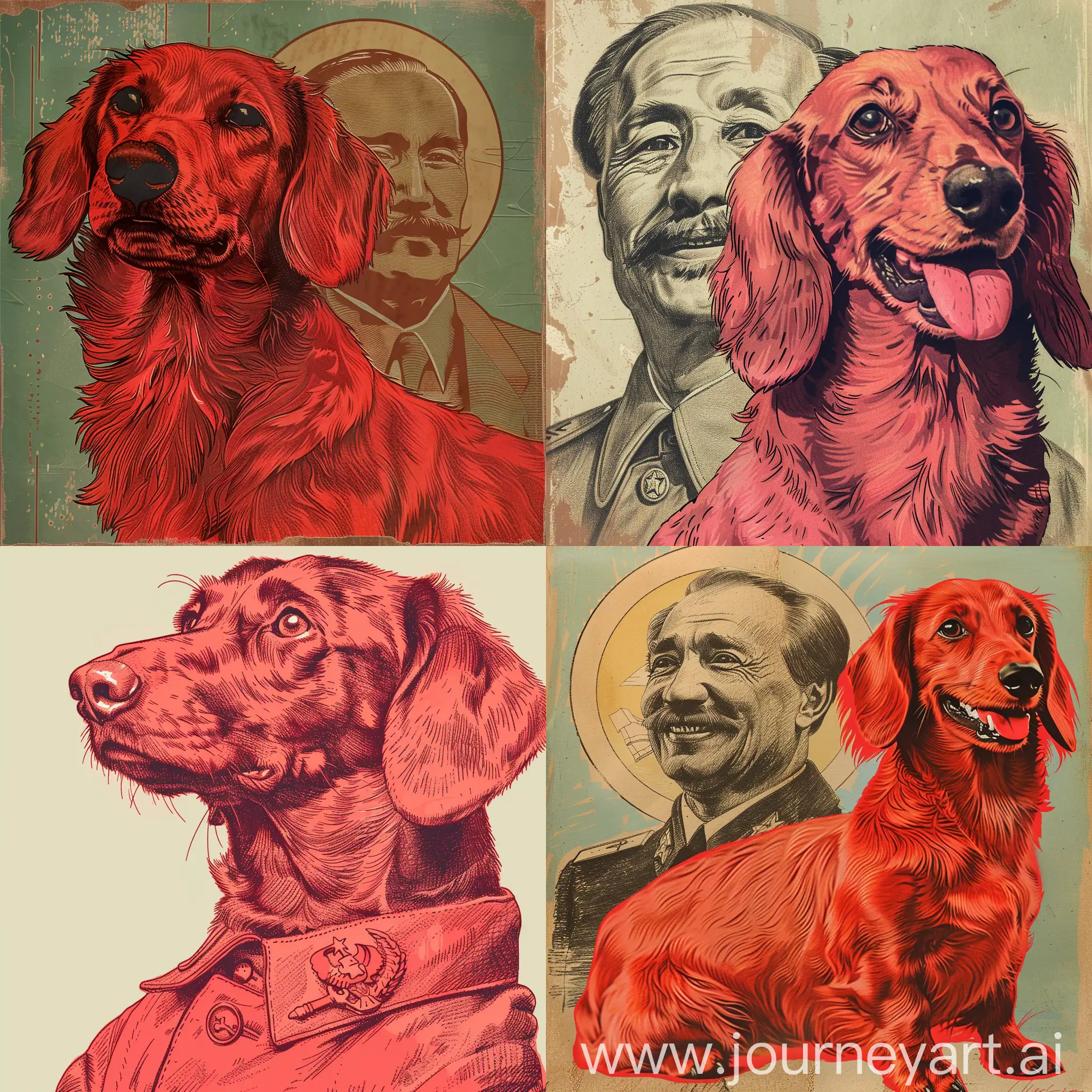 red dachsund drawn in Soviet realism style on a portrait in similar style as communist leader
