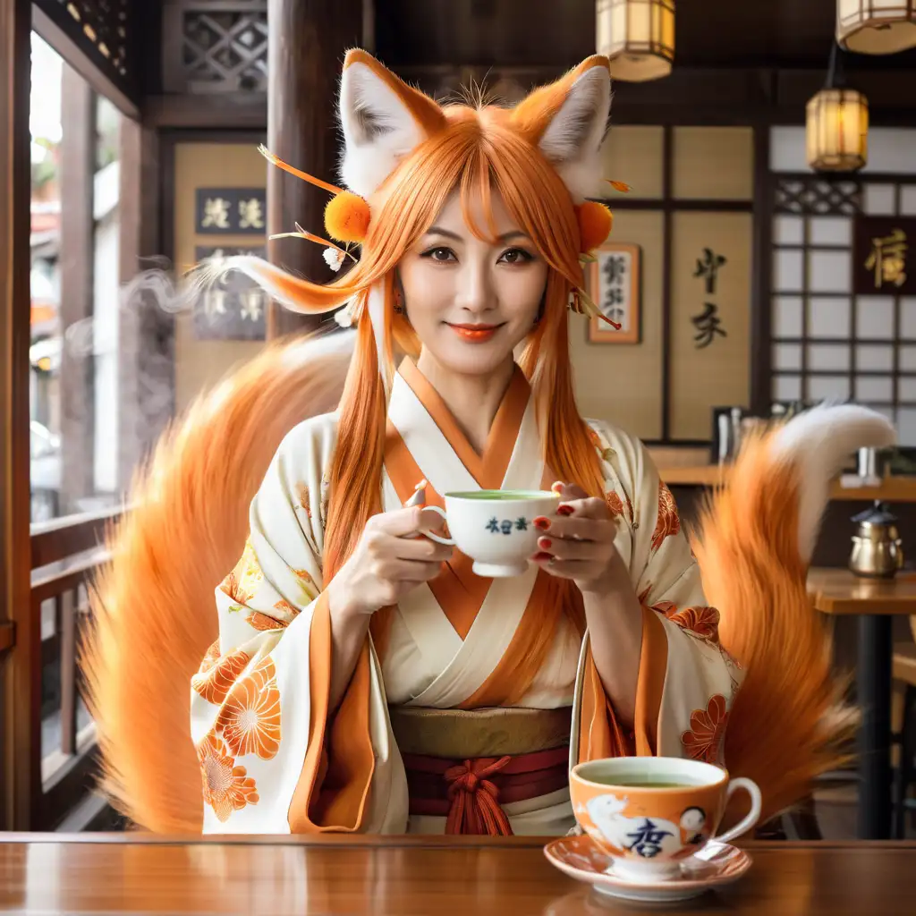 Japanese Kitsune Woman Enjoying Matcha Green Tea in Cafe