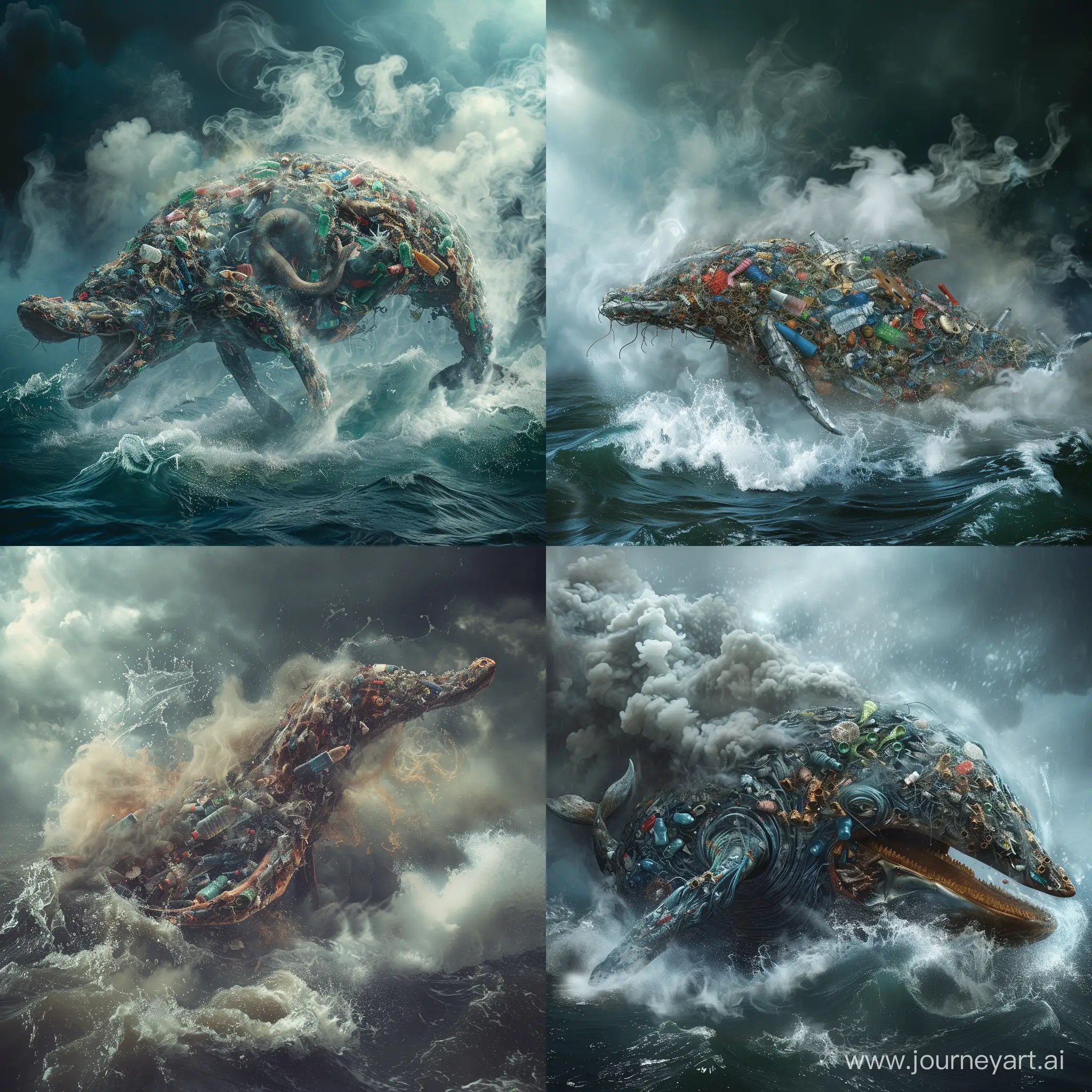 hack,hacker,cybersecurity A real and accurate picture of aquatic animals that are destroyed by garbage.  whose body is made of recycled waste, such as: water bottles, plastic, which shows the dirtiness and scaryness of the sea.  Smoke and water waves around it, the style of the image should be surrealistic