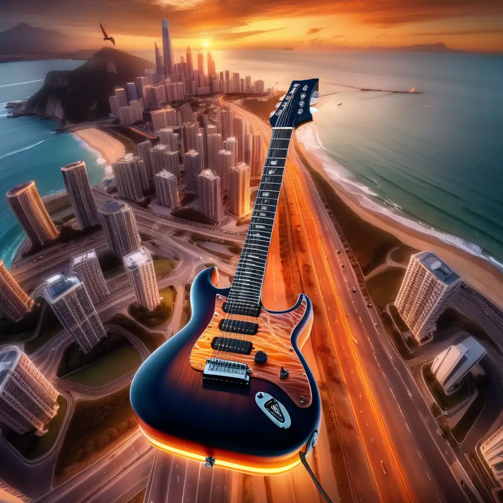 4k resolution, Electric guitar, City on body of guitar, Make the guitar neck a road into sunset, Coastal road,  sunset, majestic, inspirational, tropical, hawk flying above, surreal, orange glow
