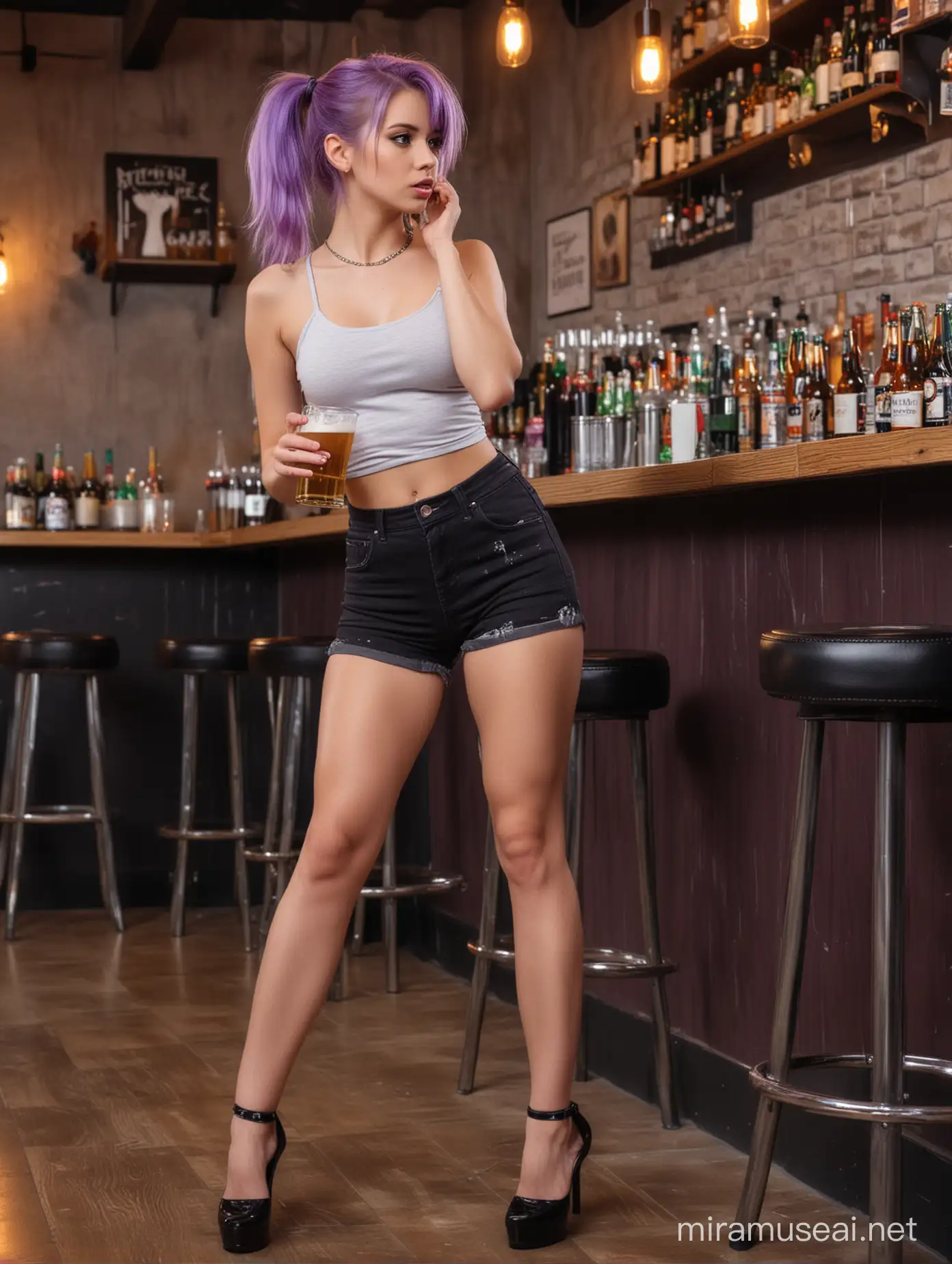 short, drunk, pissed off, tired girl drinks beer, short feet, slender legs, narrow shoulders, thin waist, little feet, dancing by the bar counter in a bad place. Violet ponytail hair.