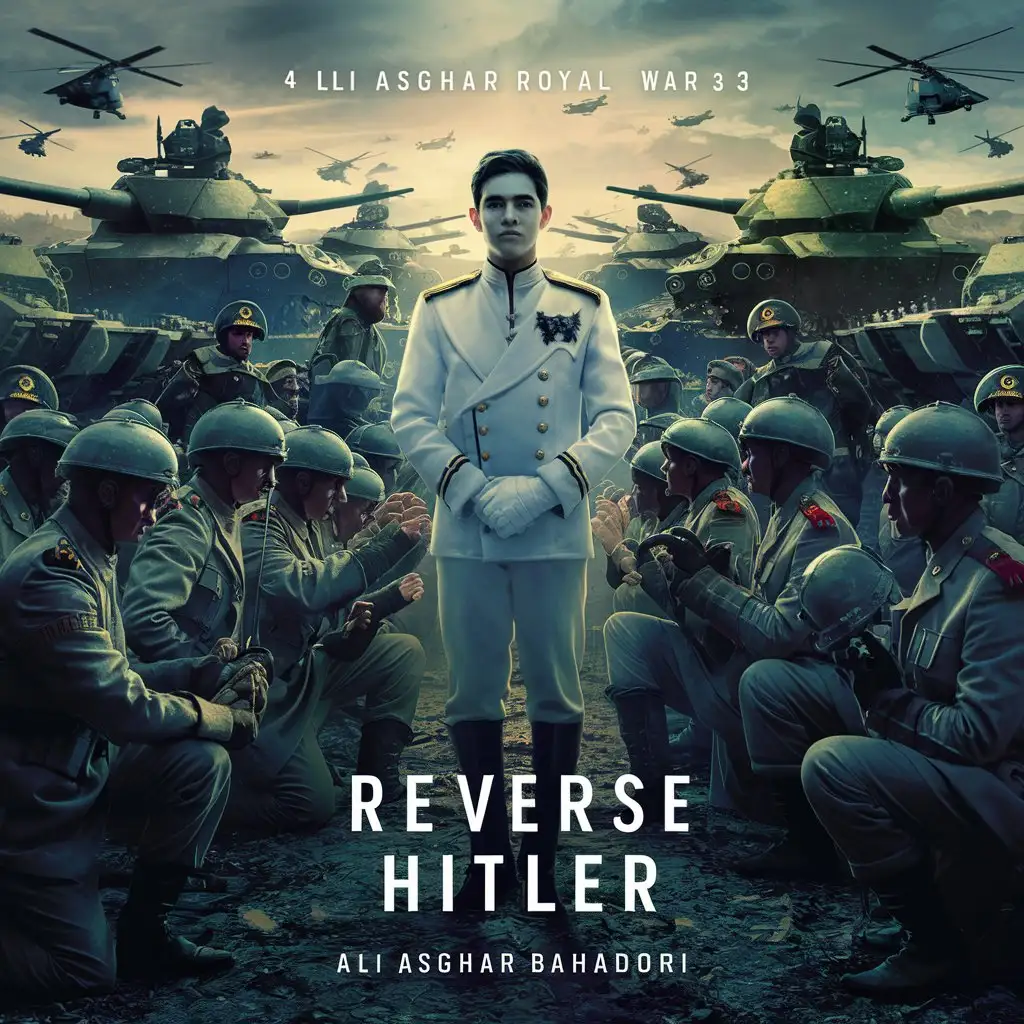 A screenplay called Reverse Hitler written by Ali Asghar Bahadori . Show a picture of the World War 3 battlefield with new tanks and helicopters, in the middle of the battlefield stands a 20-year-old young man without a beard or mustache, with smooth skin and a white navy and royal uniform, and all the soldiers and generals of both sides. They are kneeling in front of him. The name of the script and the author should be written without spelling mistakes.