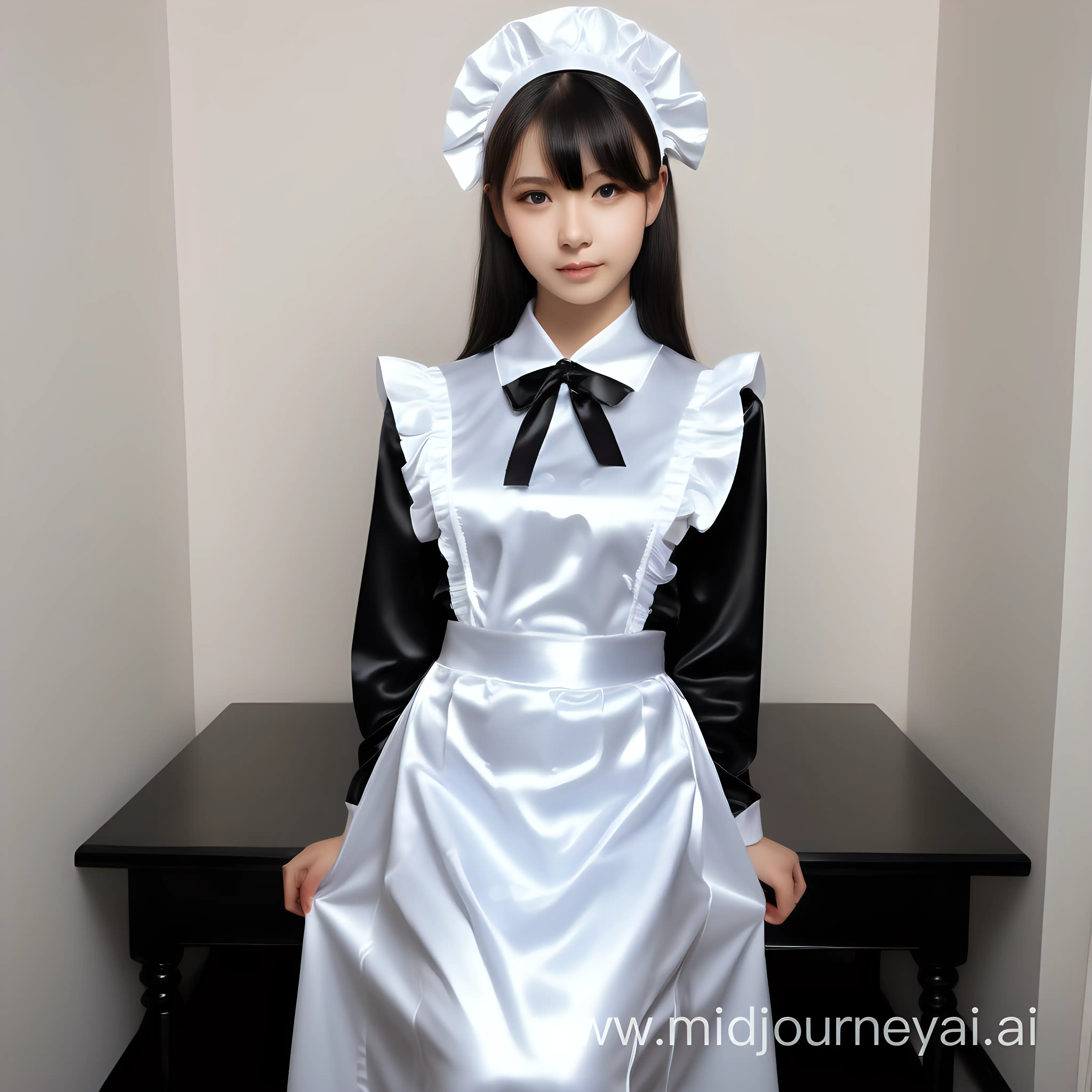 Graceful Maid in Elegant Satin Uniform Sophisticated Household Attire