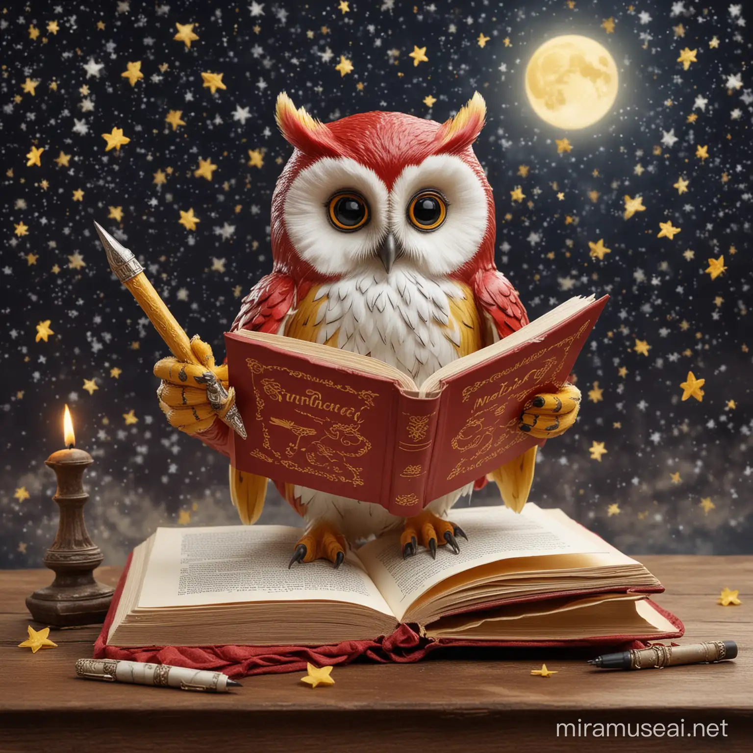 Colorful Owl Writing with Book and Pen in Starry Night Background