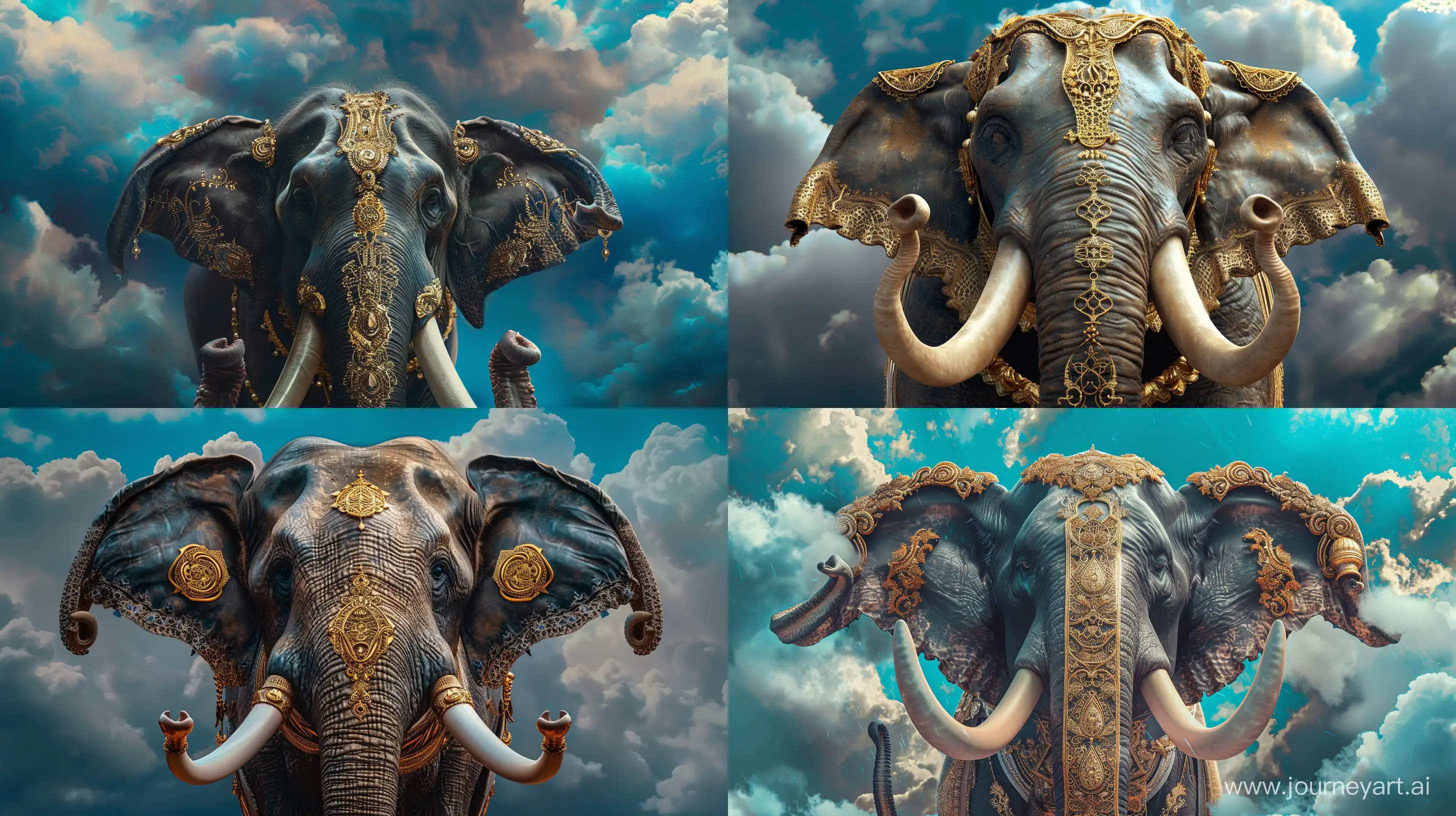 a majestically divine elephant with four tusks. Each tusks are adorned with golden ornaments, enhancing its beauty. elephant's trunk is adorned with golden filigree with intricate patterns. blue clouds on the background. cinematic, ambient lighting, highly detailed --ar 16:9 