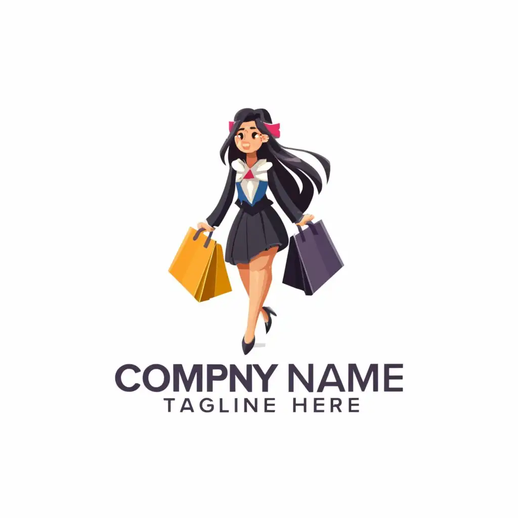 a logo design,with the text "Logo", main symbol:a standing  dark-haired Japanese girl with shopping bags in hand,Minimalistic,clear background