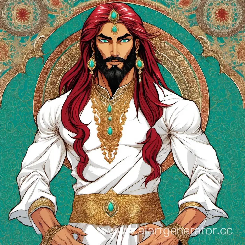 Индийский принц, красивый, длинные алые волосы и бирюзовые глаза, аккуратная бородка, накаченный, белая ширвани, золотые украшения, интим, эротика, ближний восток, океан, симметрия, рисунок, комикс, 