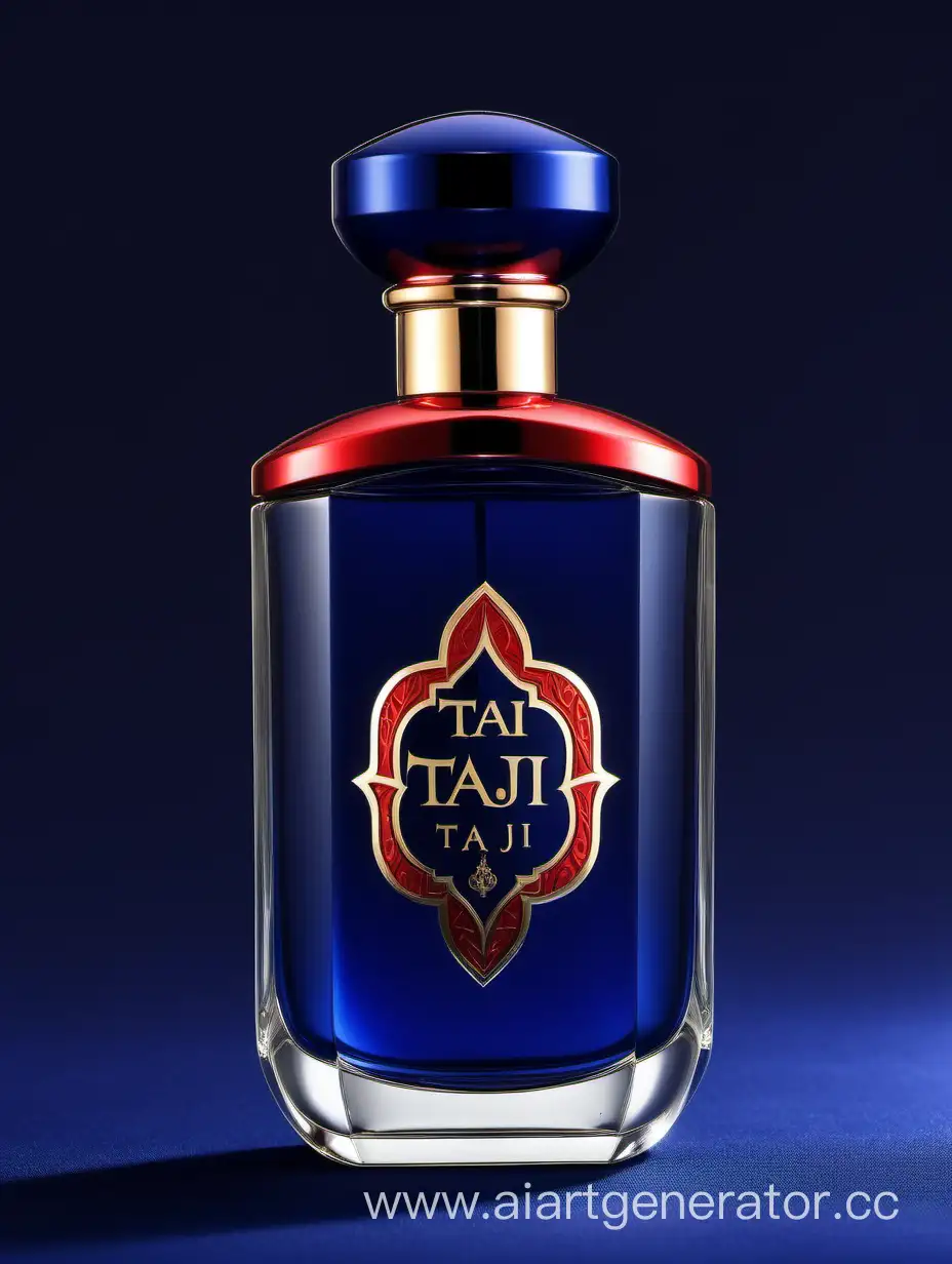 A luxurious Dark Blue Red and white double layers perfume with a elegant zamac cop ((taj text logo))