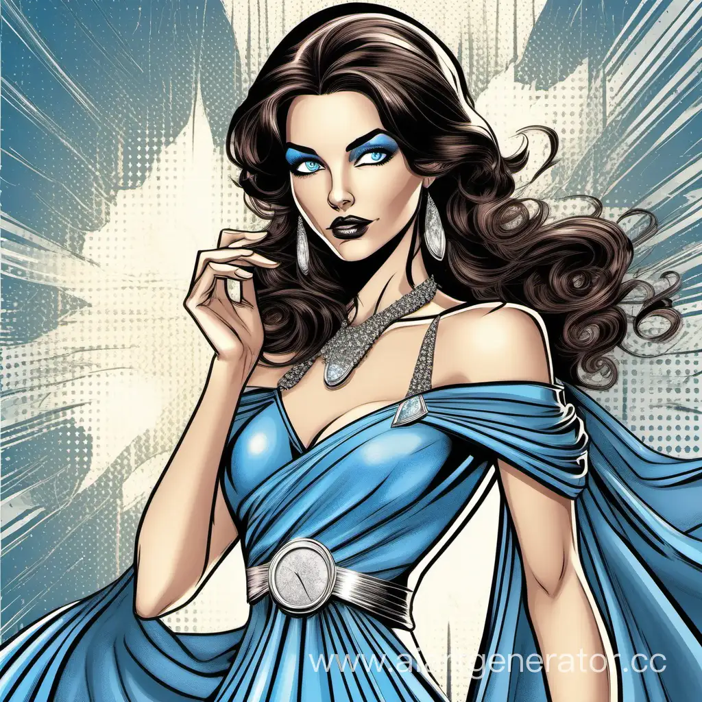 Брюнетка с серо-голубыми глазами в синем вечернем платье, с серебряными украшениями в комиксом стиле