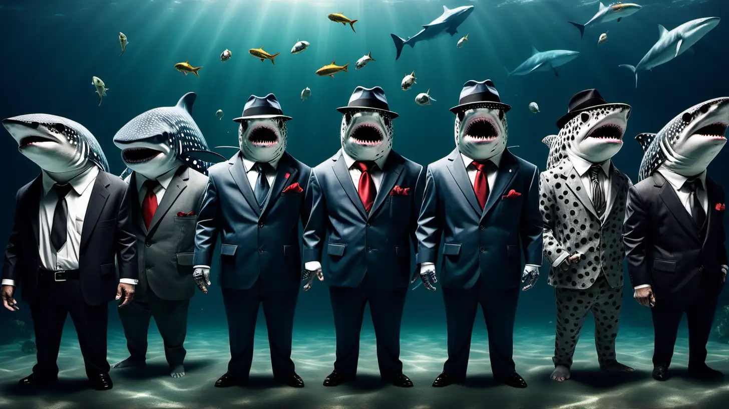 fishes wearing suit like mafia including the whale shark and dolphin along with other small fishes dressed like gangsters