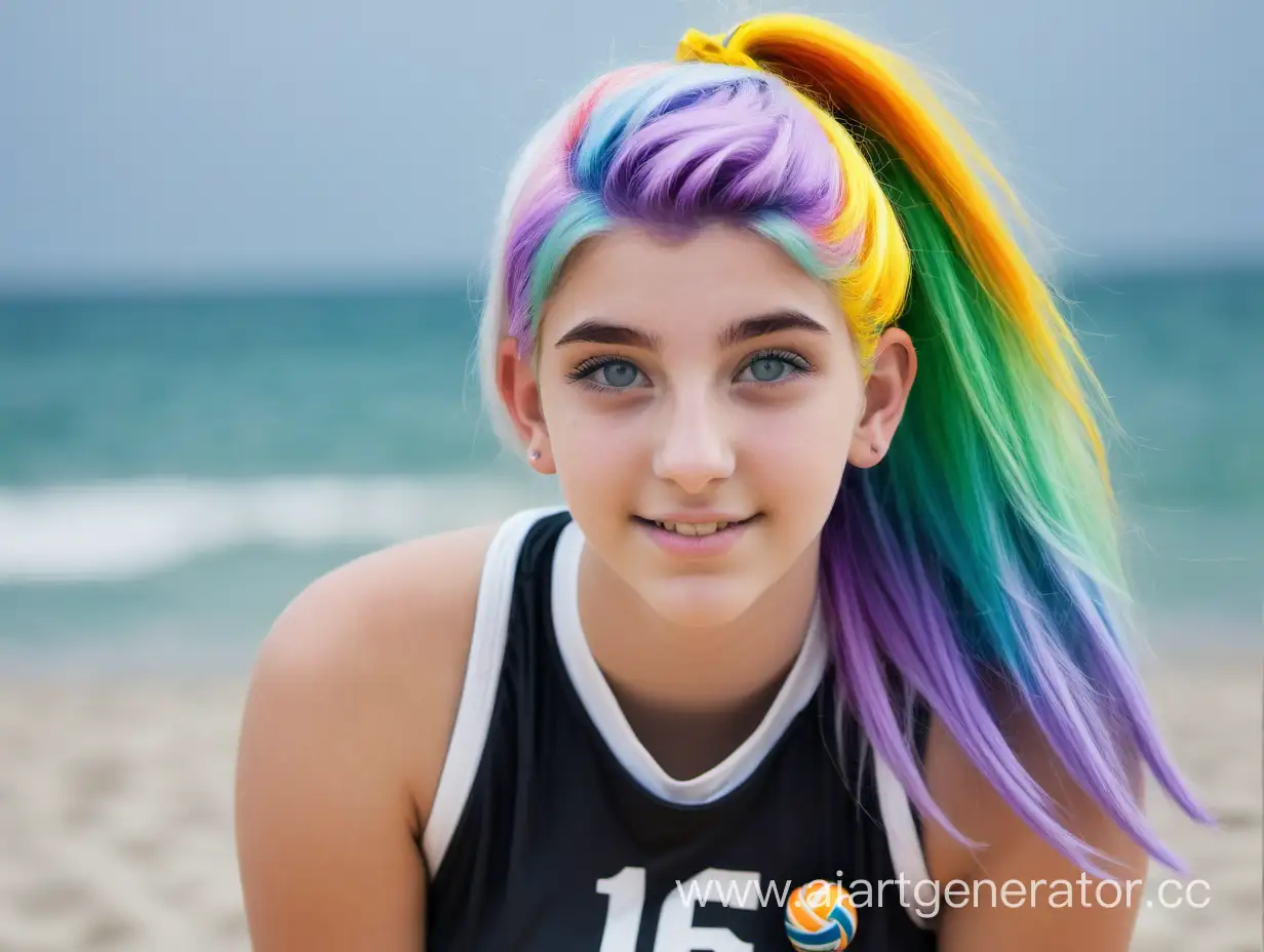Девушка, 16 лет, радужные волосы, серые глаза, играет в волейбол