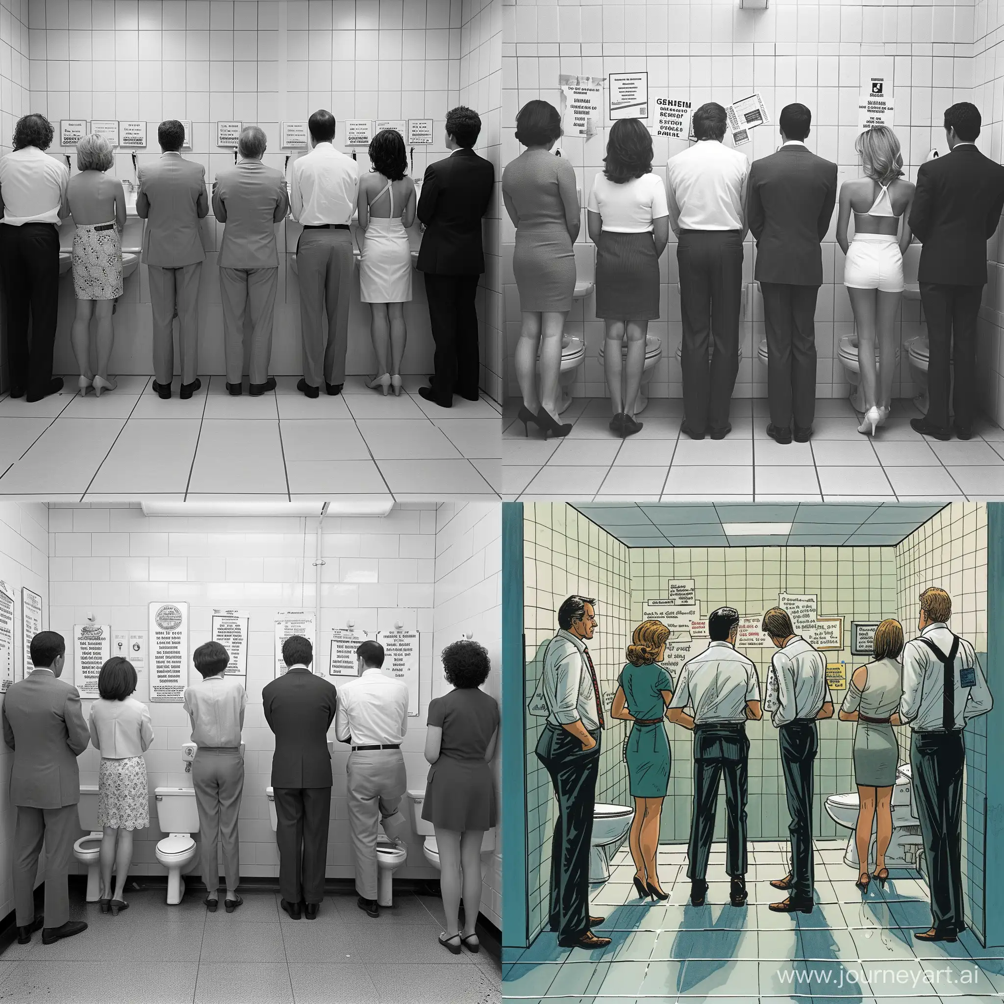 Ten bank employees in the toilet line (five men and five women).  There should be humorous sentences and signs on the wall of the bathroom