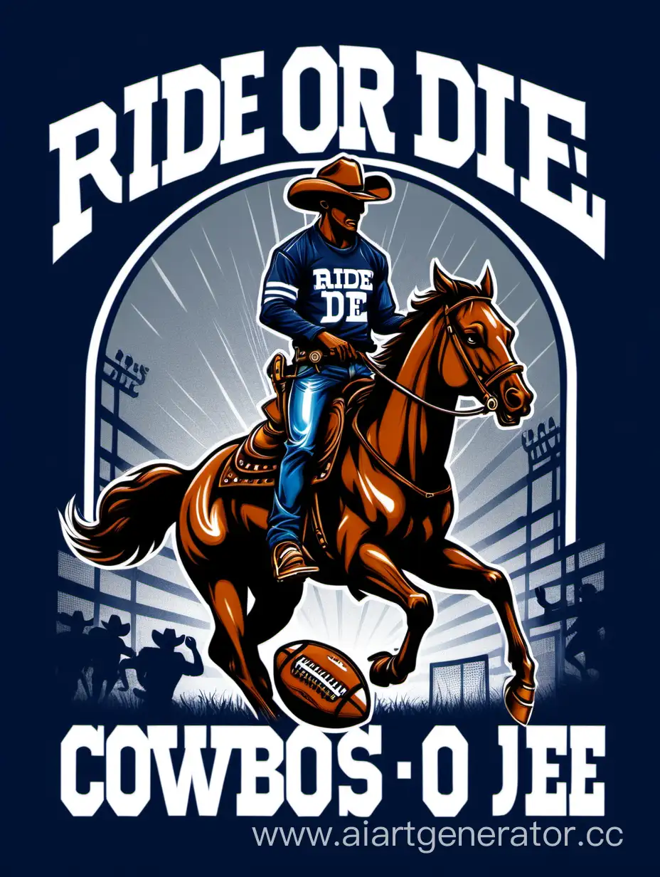 "Ride or Die Cowboys" with a cowboy riding a football into the end zone in the t-shirt design 