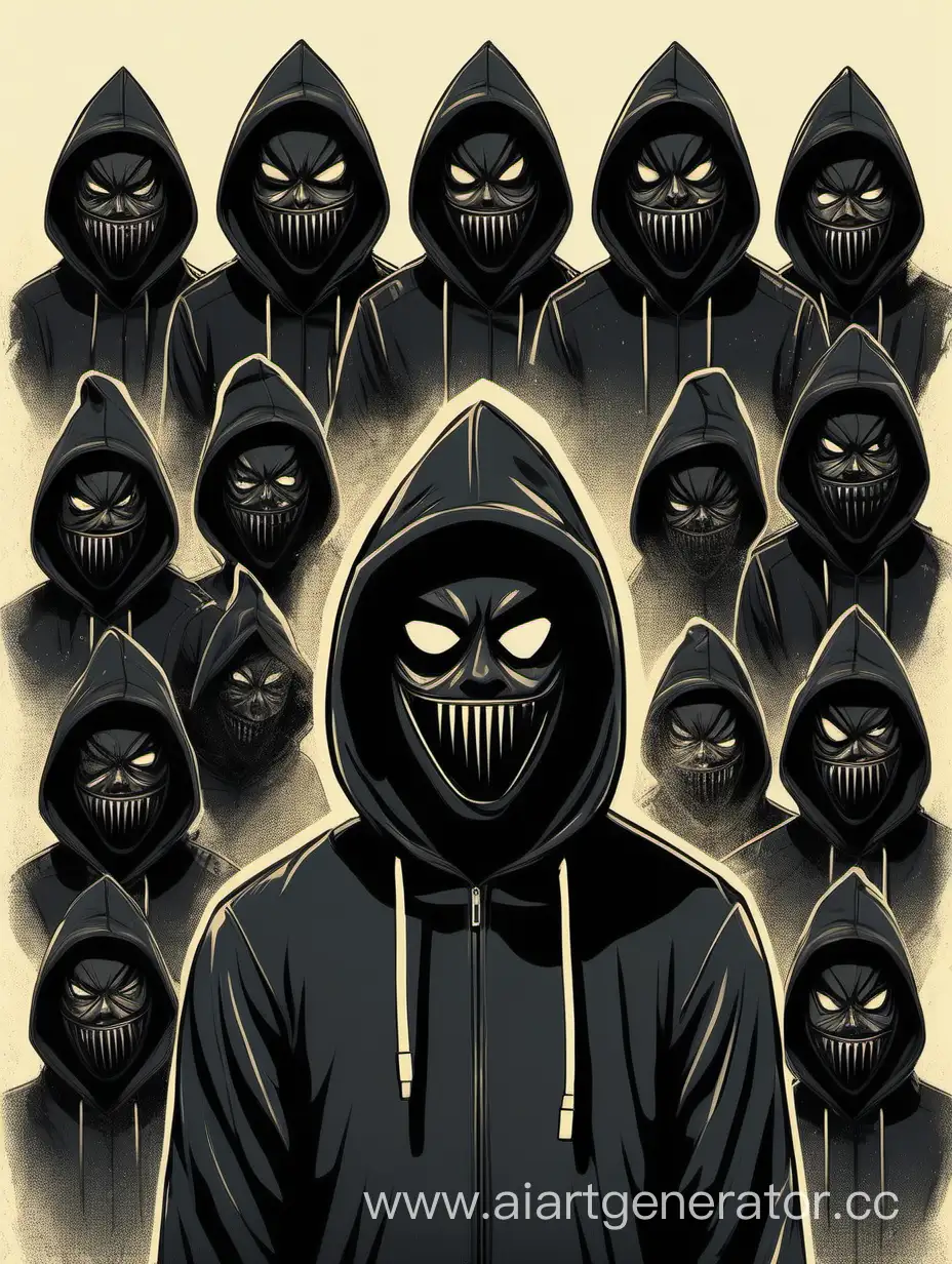 A young man in a black hood holds black masks in front of his face depicting different emotions, hes shouting, high detail.