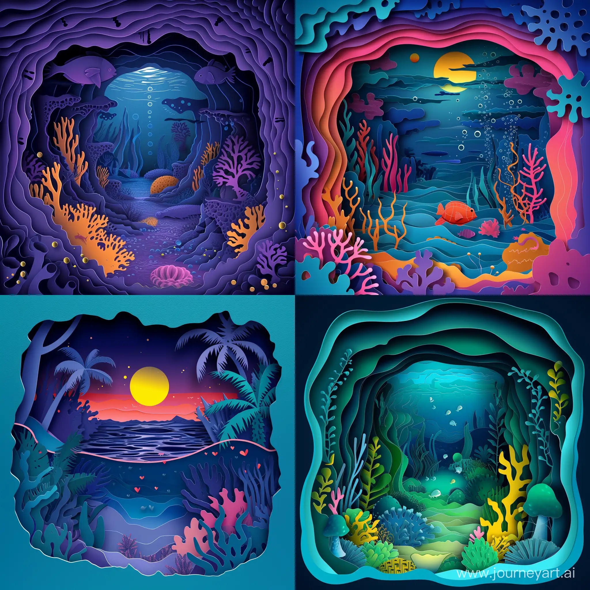 cut paper art of under the water in vector style, neon colors, high quality details