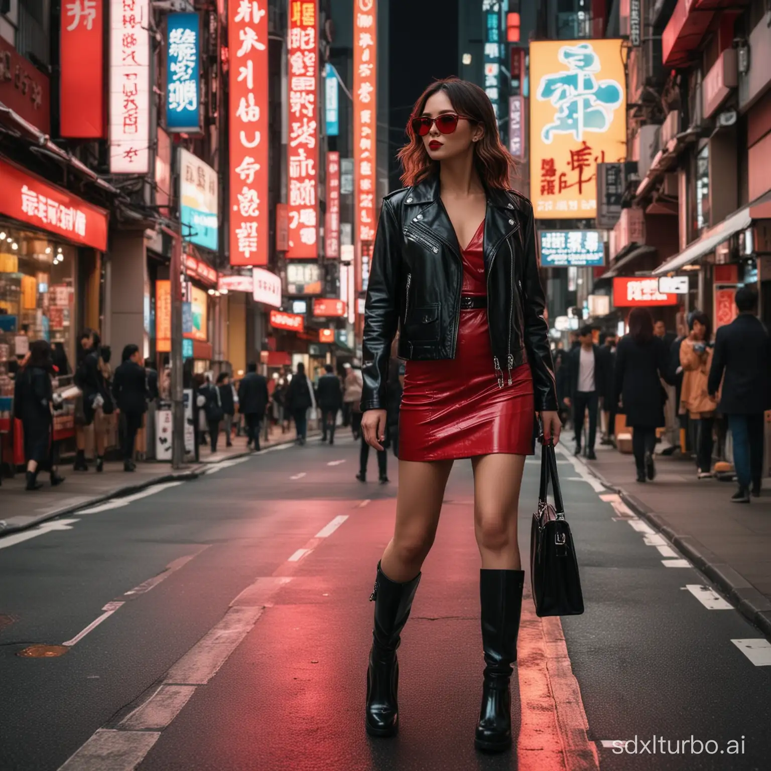 A stylish woman walks down a Tokyo street filled with warm glowing neon and animated city signage. She wears a black leather jacket, a long red dress, and black boots, and carries a black purse. She wears sunglasses and red lipstick. She walks confidently and casually. The street is damp and reflective, creating a mirror effect of the colorful lights. Many pedestrians walk about.