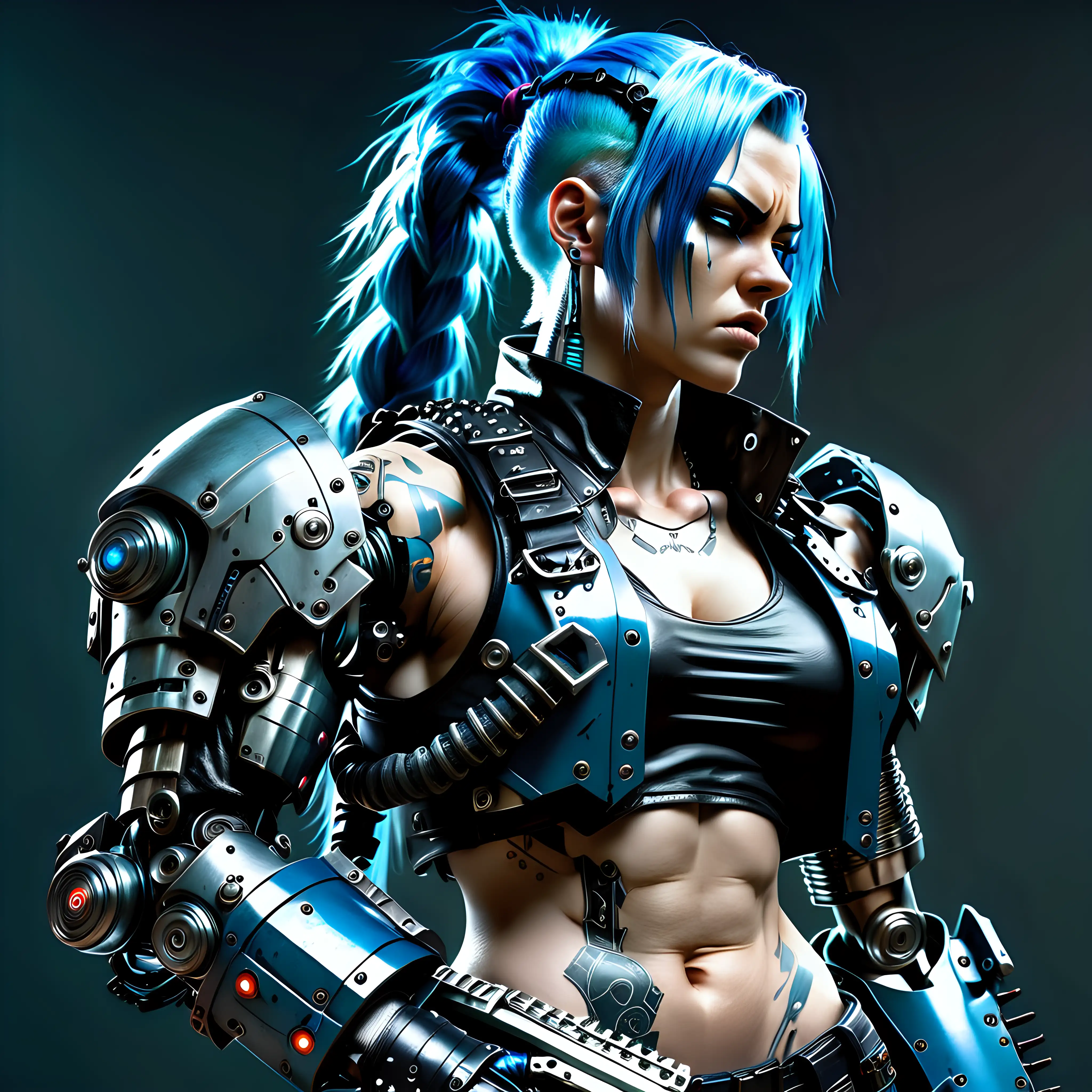 An androgynous, manly very muscular, chubby angry cyberpunk mercenary with one large robotic arm, the body is masculine but the face is feminine, their body is thick, they have blue hair and a long braid, their body is masculine, they are wearing black body armor, he is wearing leather bandolier, his stomach is covered by metal armor