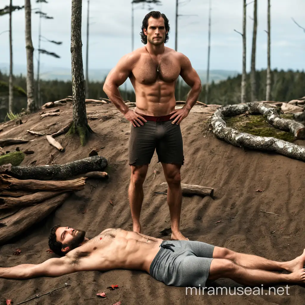 Actor Henry Cavill lying on his back in the forest. Princess Little Red Riding Hood, standing, stepping on top of Henry Cavill. Cavill, muscular, bearded, naked, very hairy body and chest, torn rag underwear.