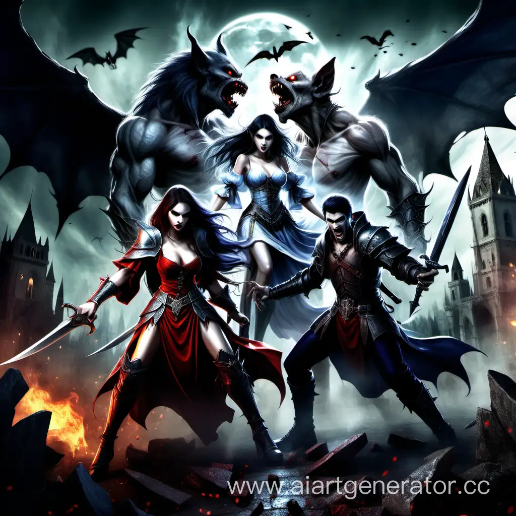 Epic-Fantasy-Battle-Vampire-Werewolf-Demon-and-Angel-Clash-with-Fairy-in-a-Medieval-World