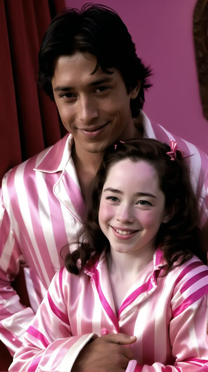Young Andean Expresses Love to Anna Popplewell in Striped Satin Pajamas