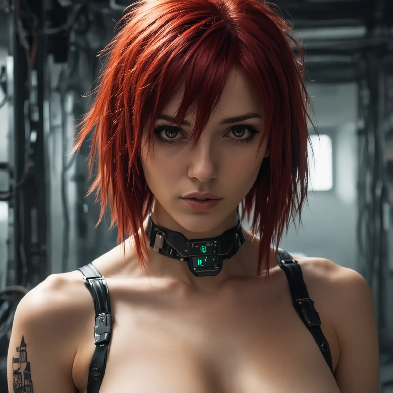 Cyberpunk Girl with Red Hair and Black Eyes