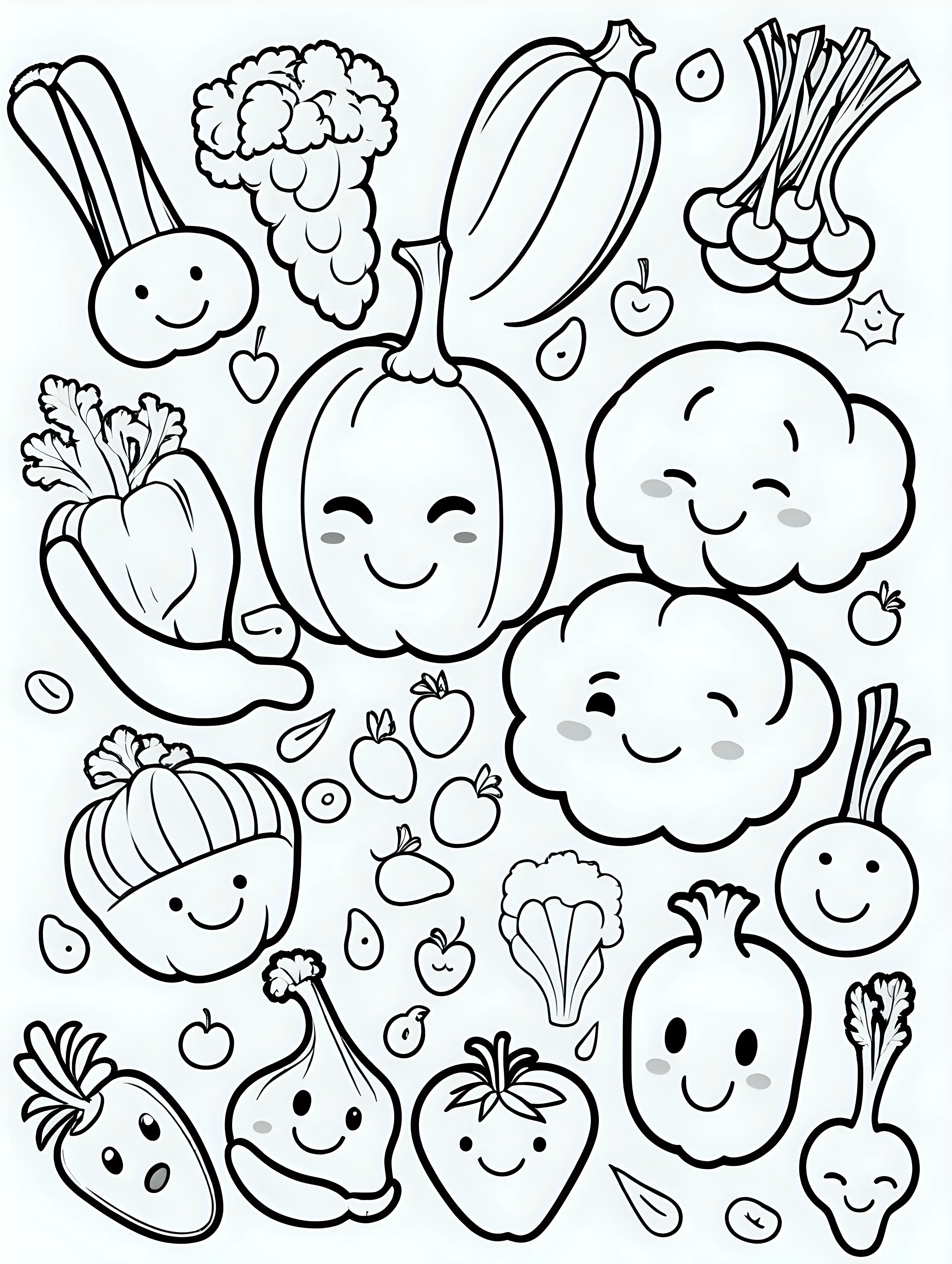 coloring book, cartoon drawing, clean black and white, single line, white background, cute veggies, emojis