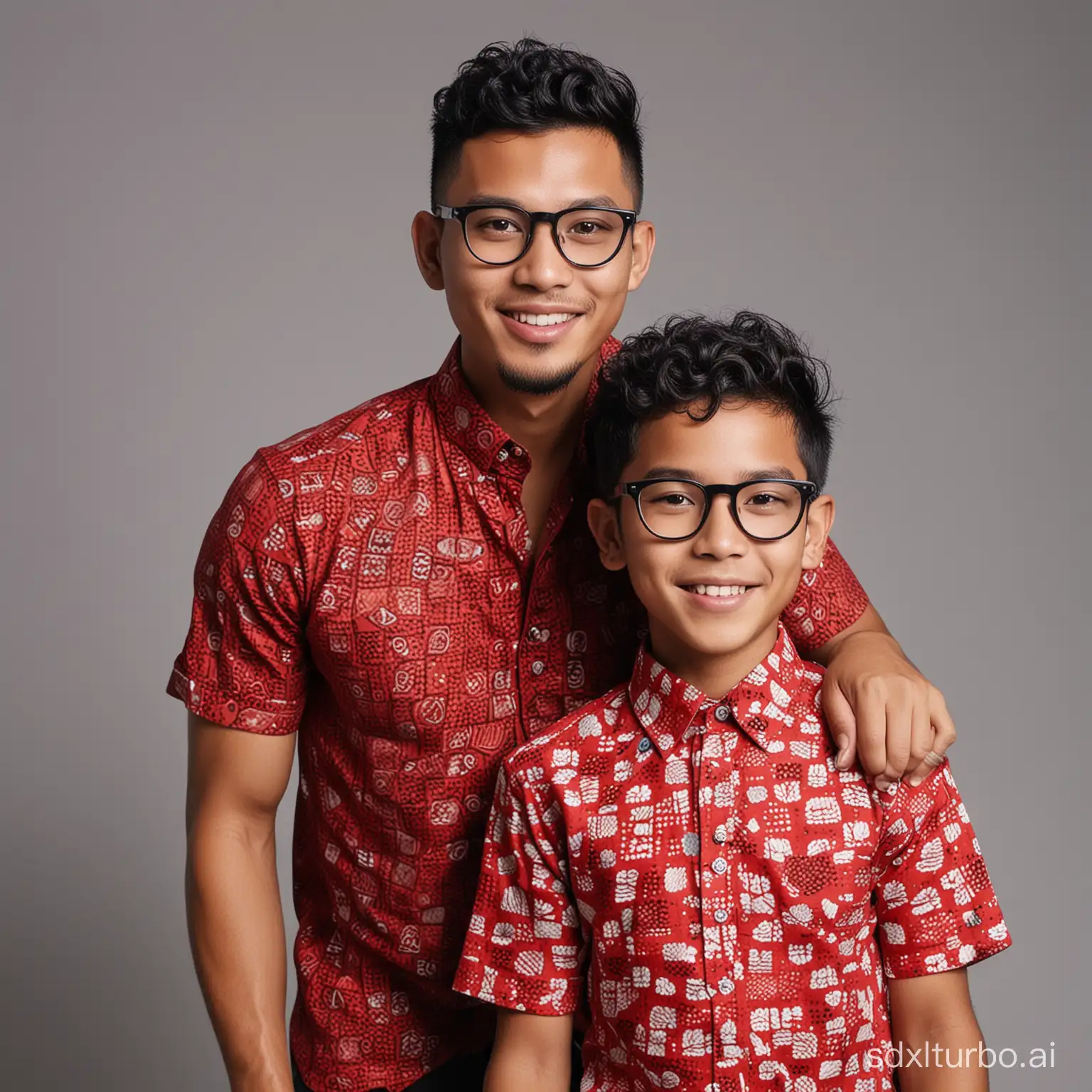 A 32 year old Indonesian man with short curly undercut hair combed neatly, wearing glasses. To the man's right side is a 9 year old child, and to the man's left side is a 7 year old child, with straight hair. they are taking photos in a photo studio. The three of them were both wearing red and black batik shirts, black trousers and white shoes.