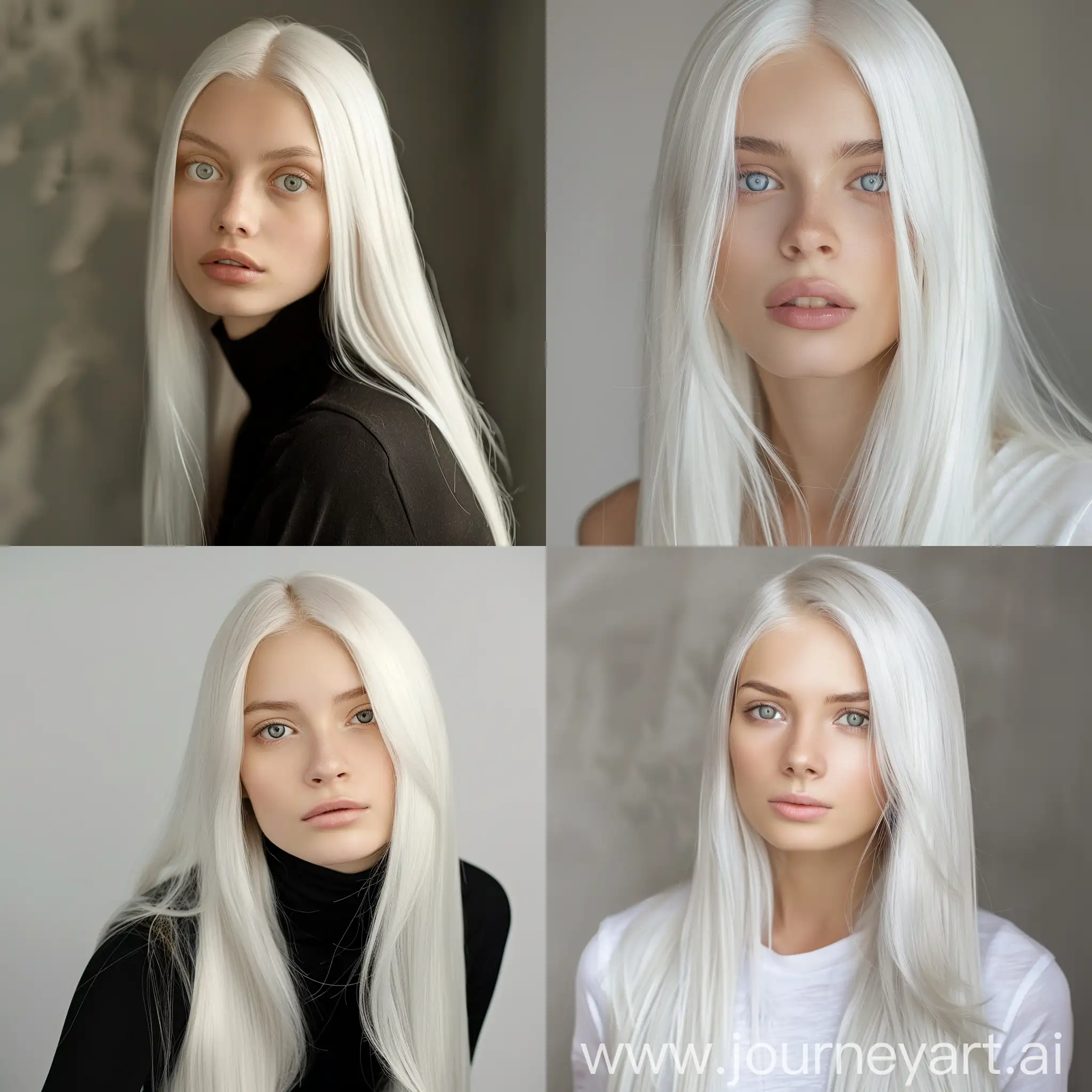 mujer modelo joven de 19 años con cabello liso largo brilloso de color blanco