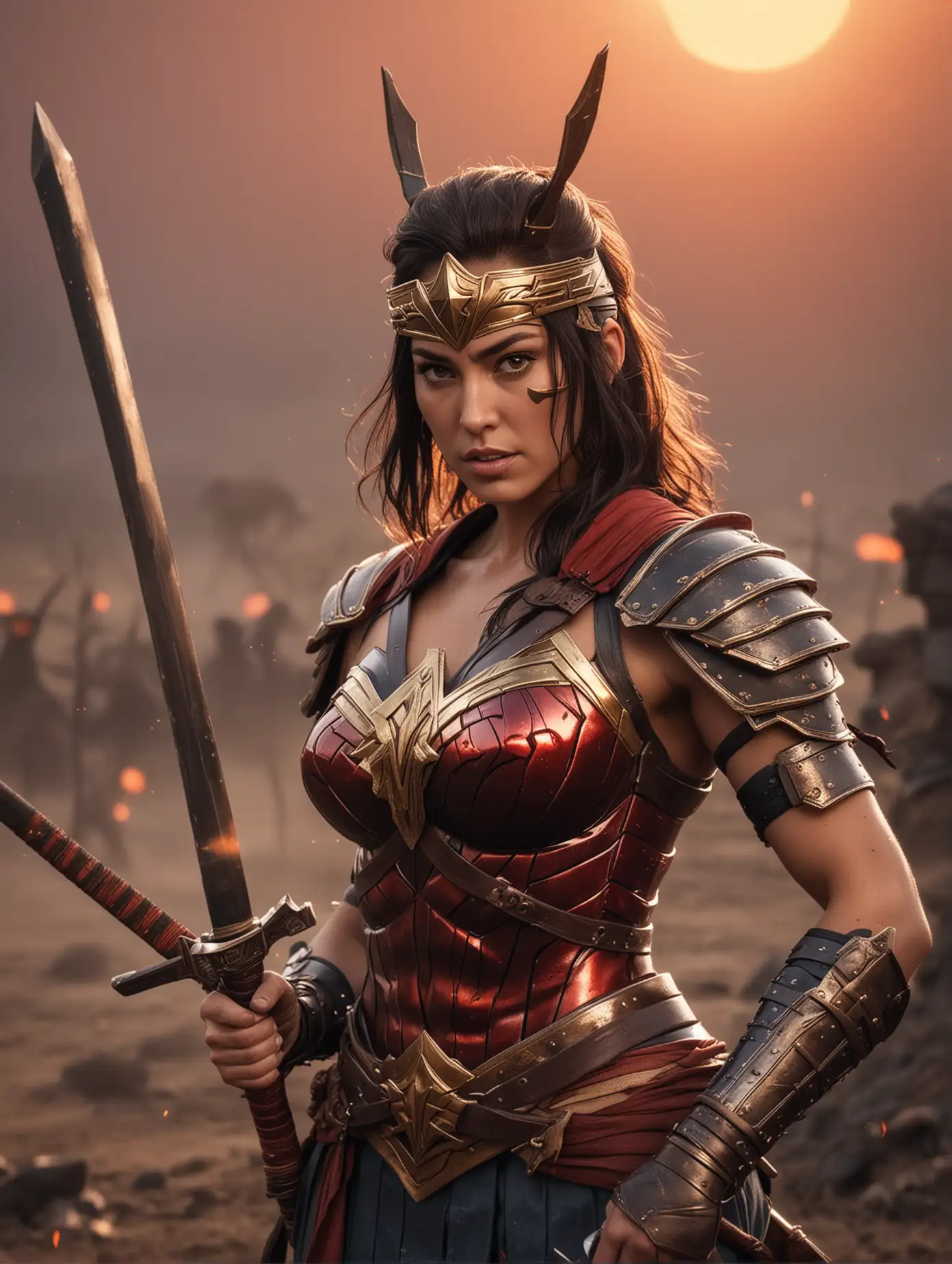 Muscular Wonder Woman as Samurai in Burning Battlefield