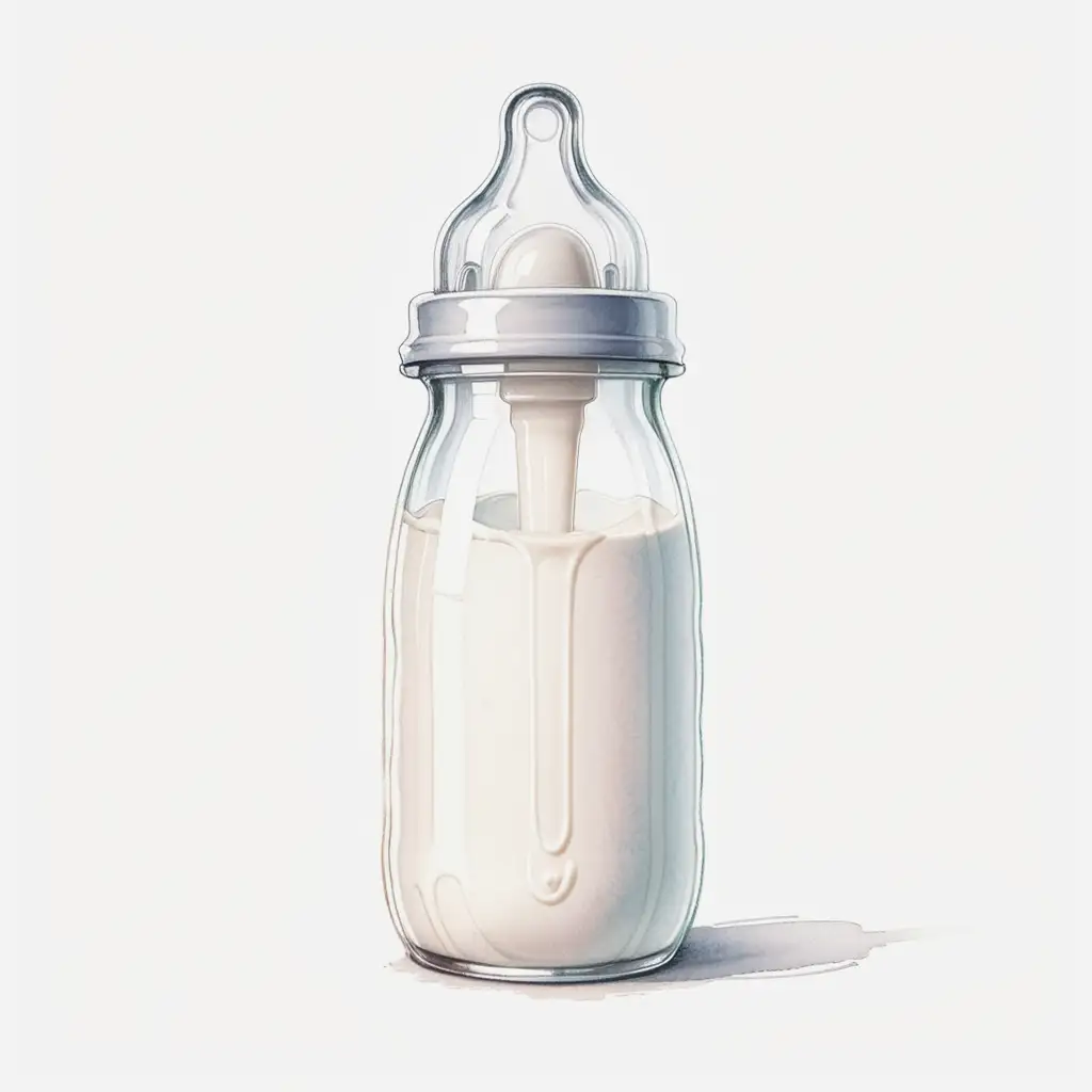 minimal pencil single line art of [baby bottle with milk inside], pencil sketch style illustration; white background, sharp lines, grainy texture --v 5 --s 800, very faint soft transparent watercolor brush strokes over the sketch, sketch lines still visible
