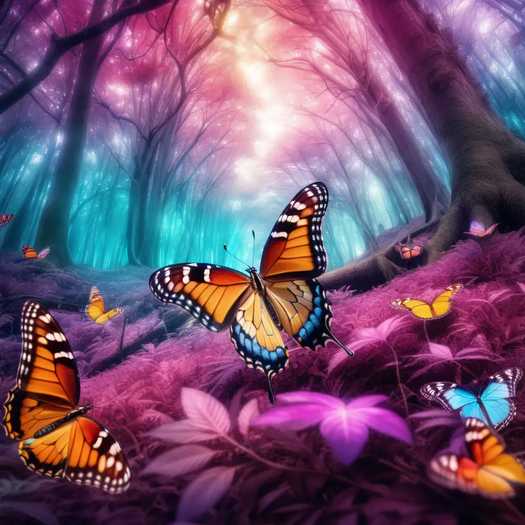 colorful butterfly in surreal magical forest

