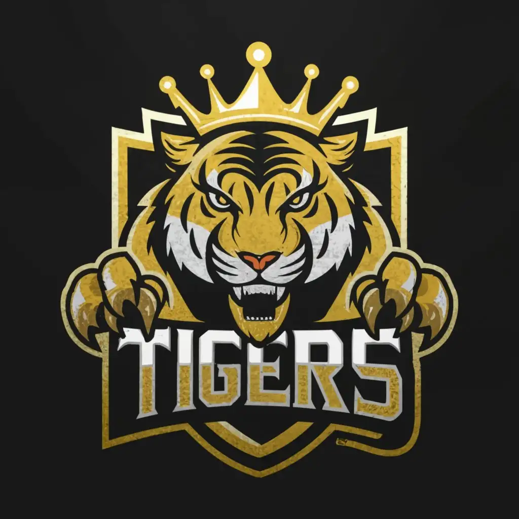 a logo design,with the text "MIC TIGERS", main symbol:Realistic Tiger with gold crown, with realistic claws, evil eyes, badge,complex,be used in Sports Fitness industry,clear background