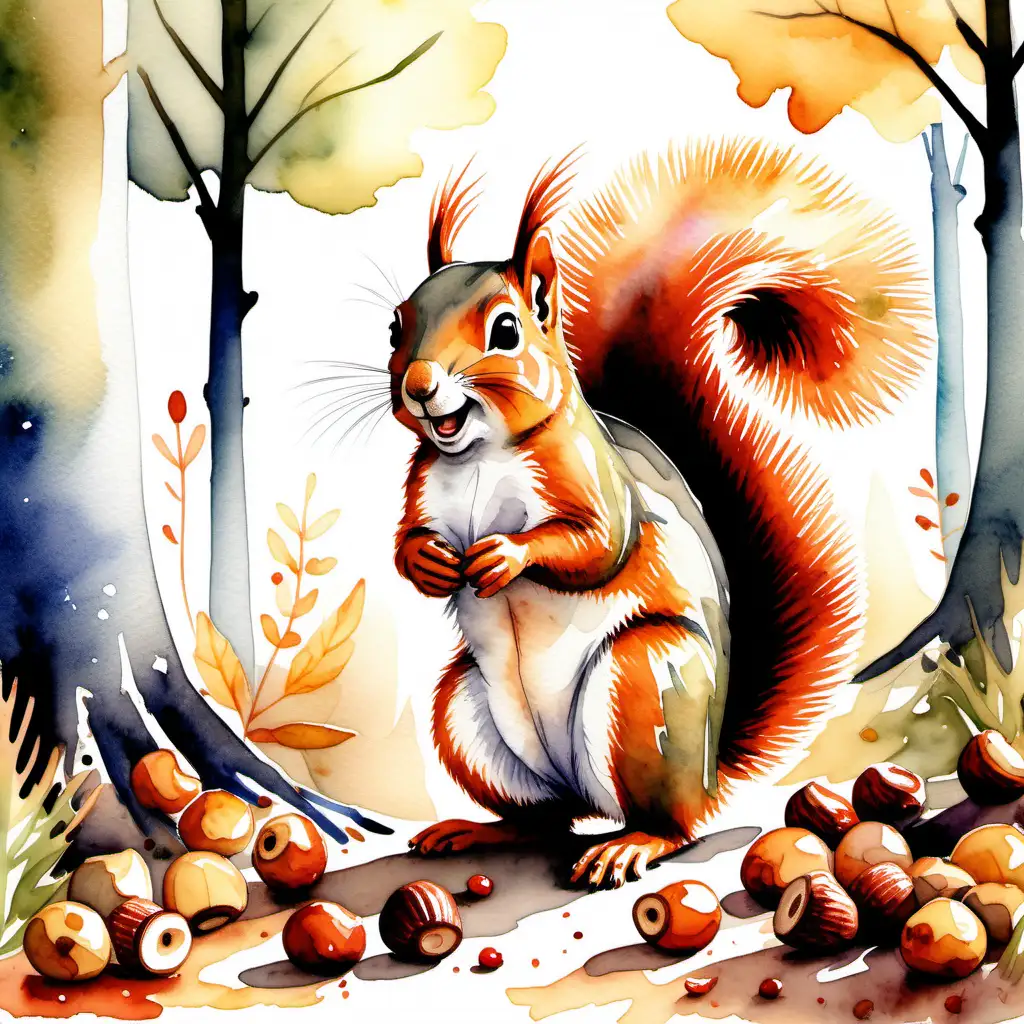 A happy squirrell is in a beautiful forrest gathering nuts. Watercolour style warm colours. Appealing to a three year old