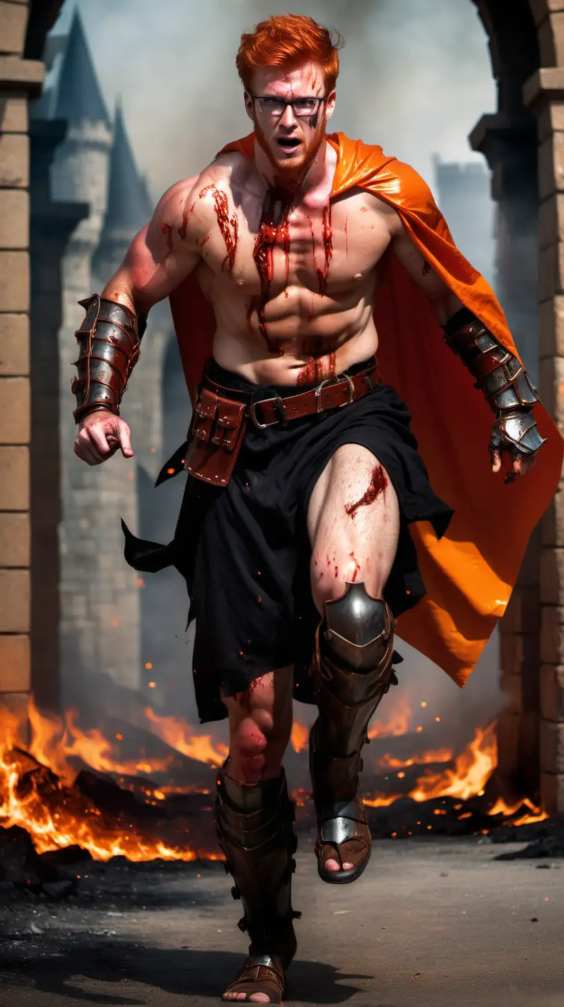 Handsome redhead knight  stubbles , Amber eyes, glasses, muscular, shirtless, very sweaty oiled up, show hairy chest, show abs, show legs, injured, bleeding, bracelets, leg armor, torn orange cape,  running to rescue the viewer, castle on fire, full body shot 