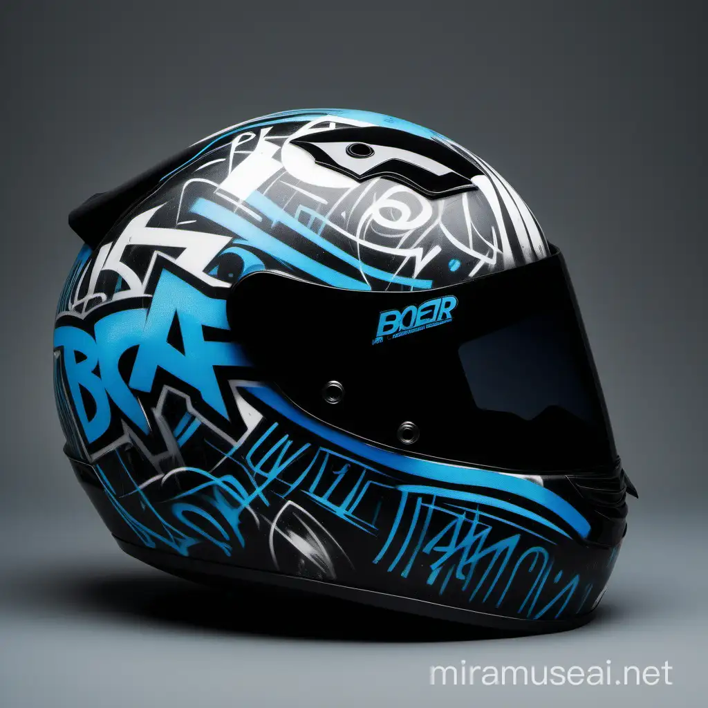 A racing helmet that has a design inspired by black and blue grafitti 
