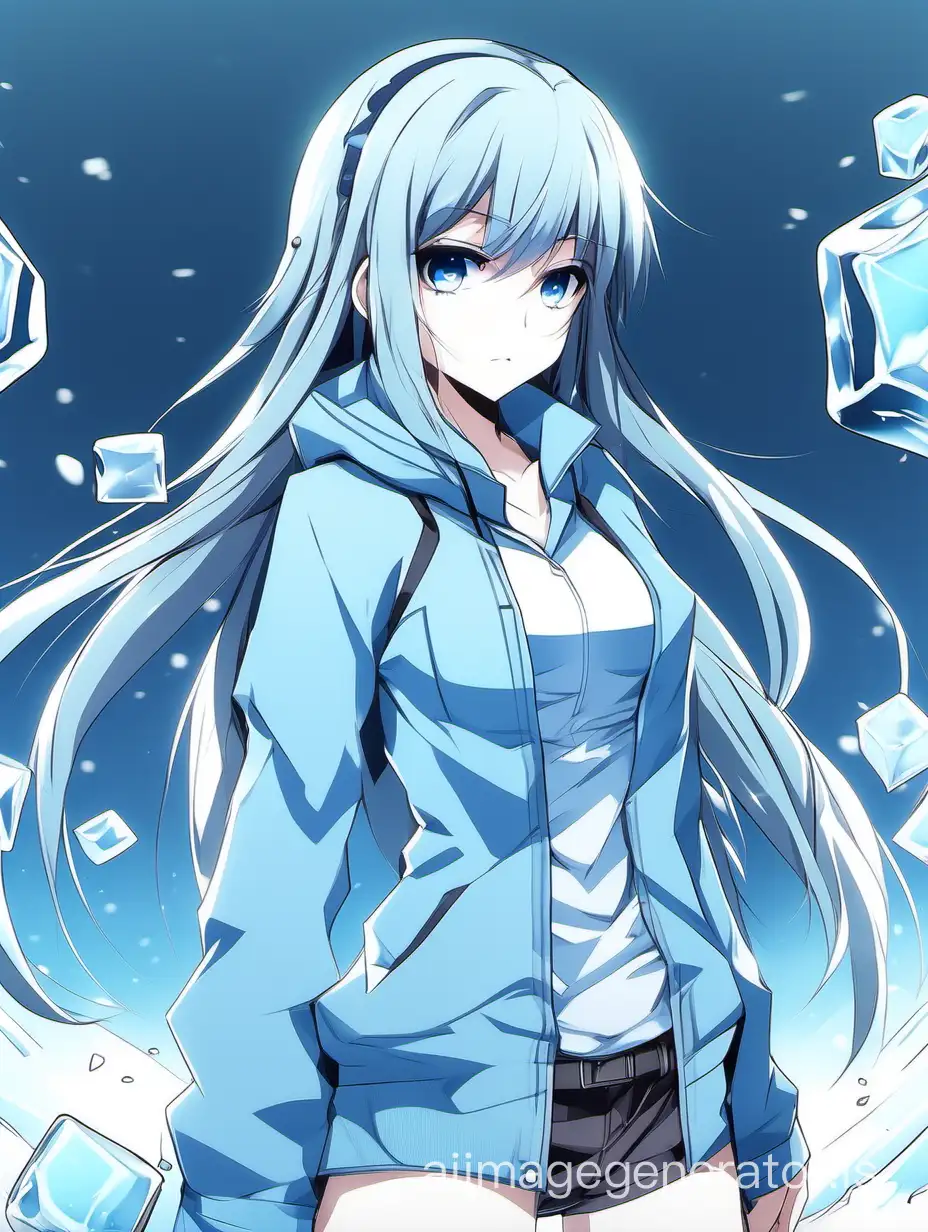 девушка, Ледяная стихия, светло голубо-синие , каре, смотрит в объектив , аниме стиль, мультяшный, видно полный рост,грудь , стоит по пояс

