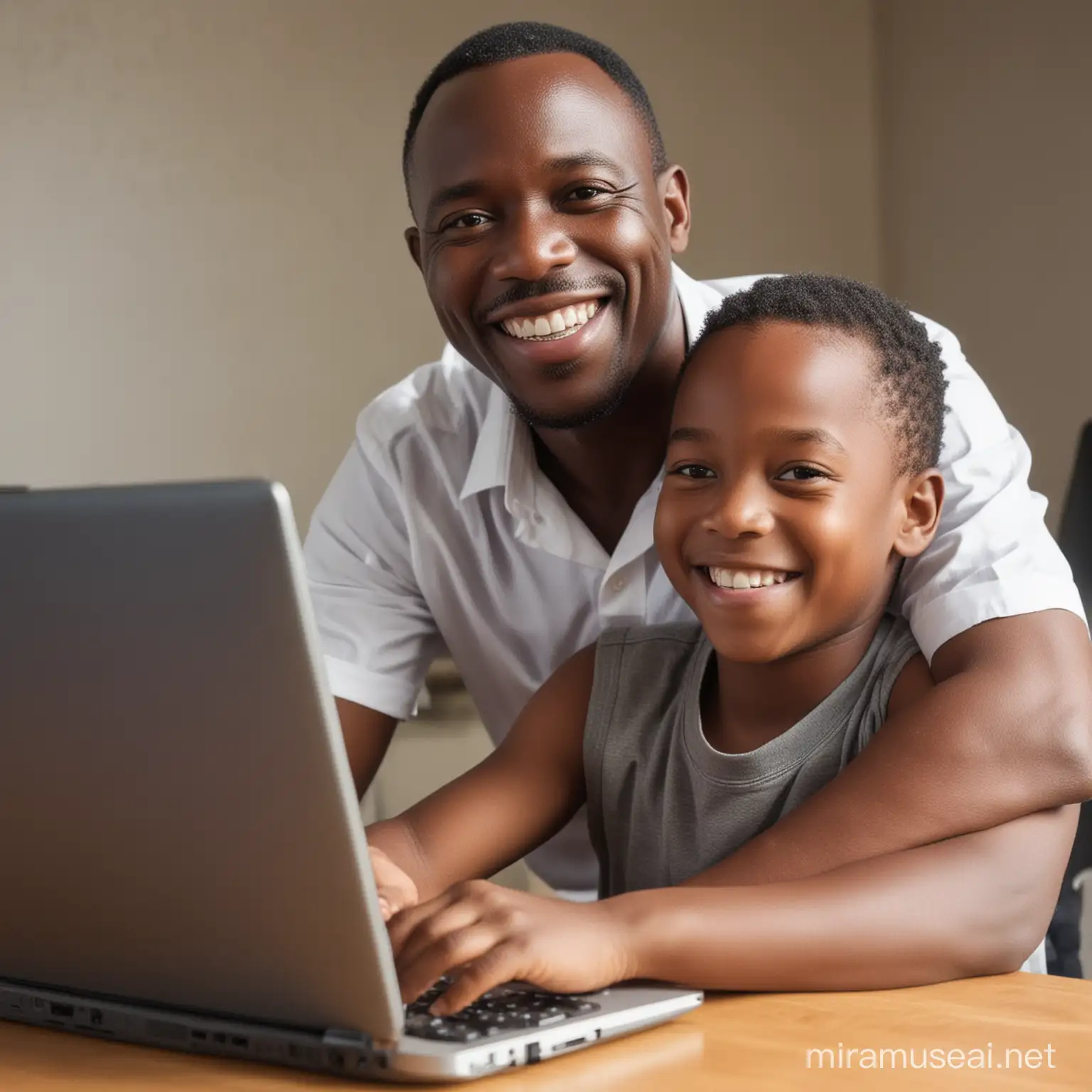 un papa africain heureux avec son petit fils devant des outils informatique