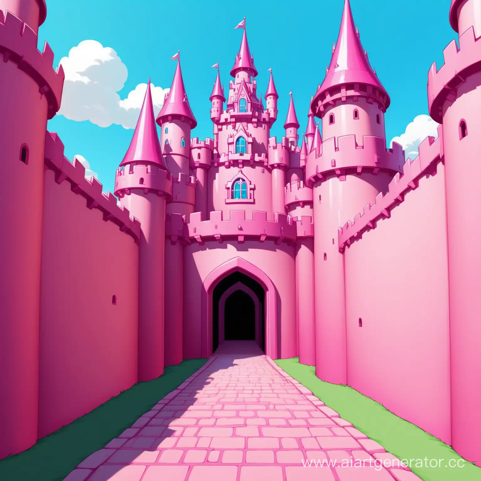 сгенерируй розовый замок в мультяшном стиле так чтобы вид на него был перед входом в него то бишь камера должна стоять на тропе как будто бы от первого лица человека